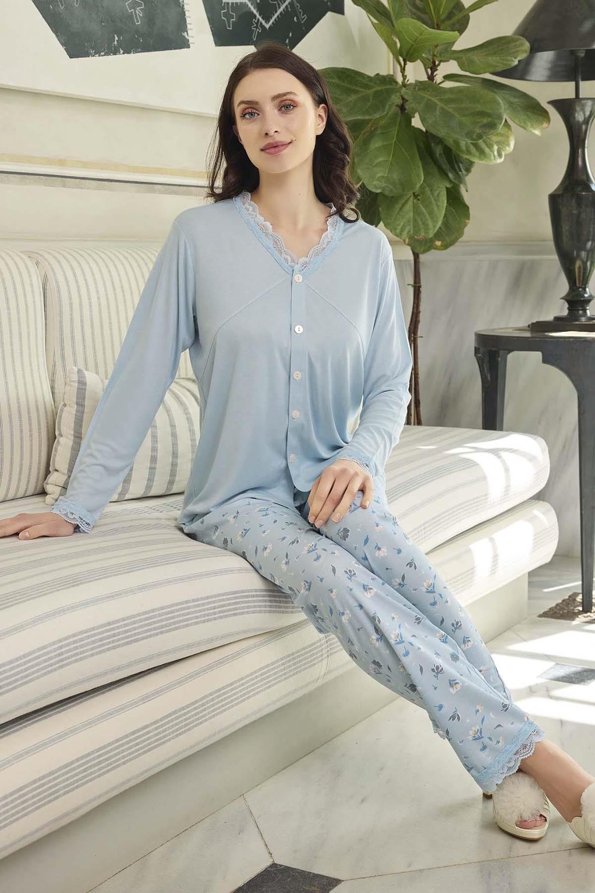 Kadın Aydoğan Dantelli Pijama Takımı 240609 Mavi