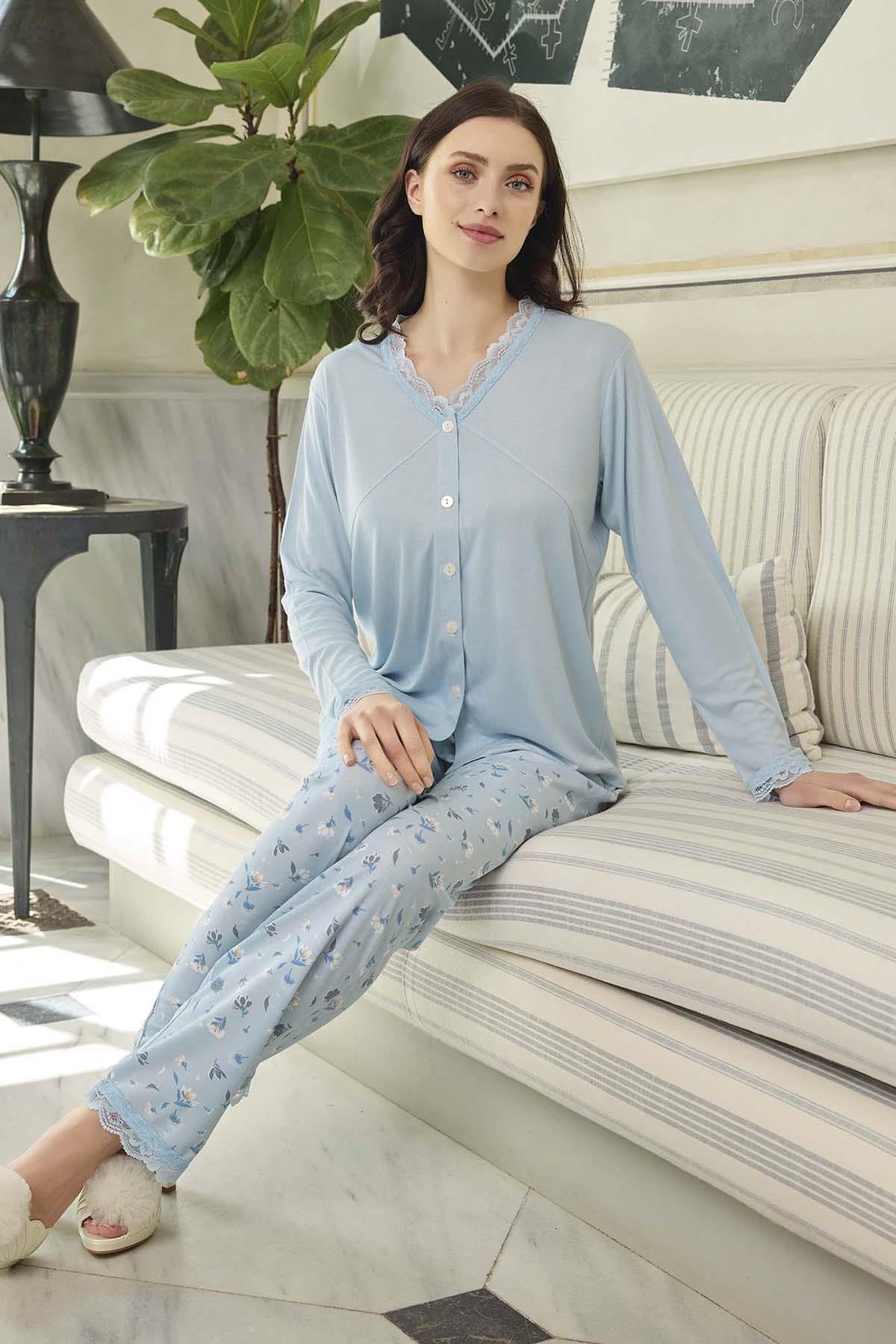 Kadın Aydoğan Dantelli Pijama Takımı 240609 Mavi