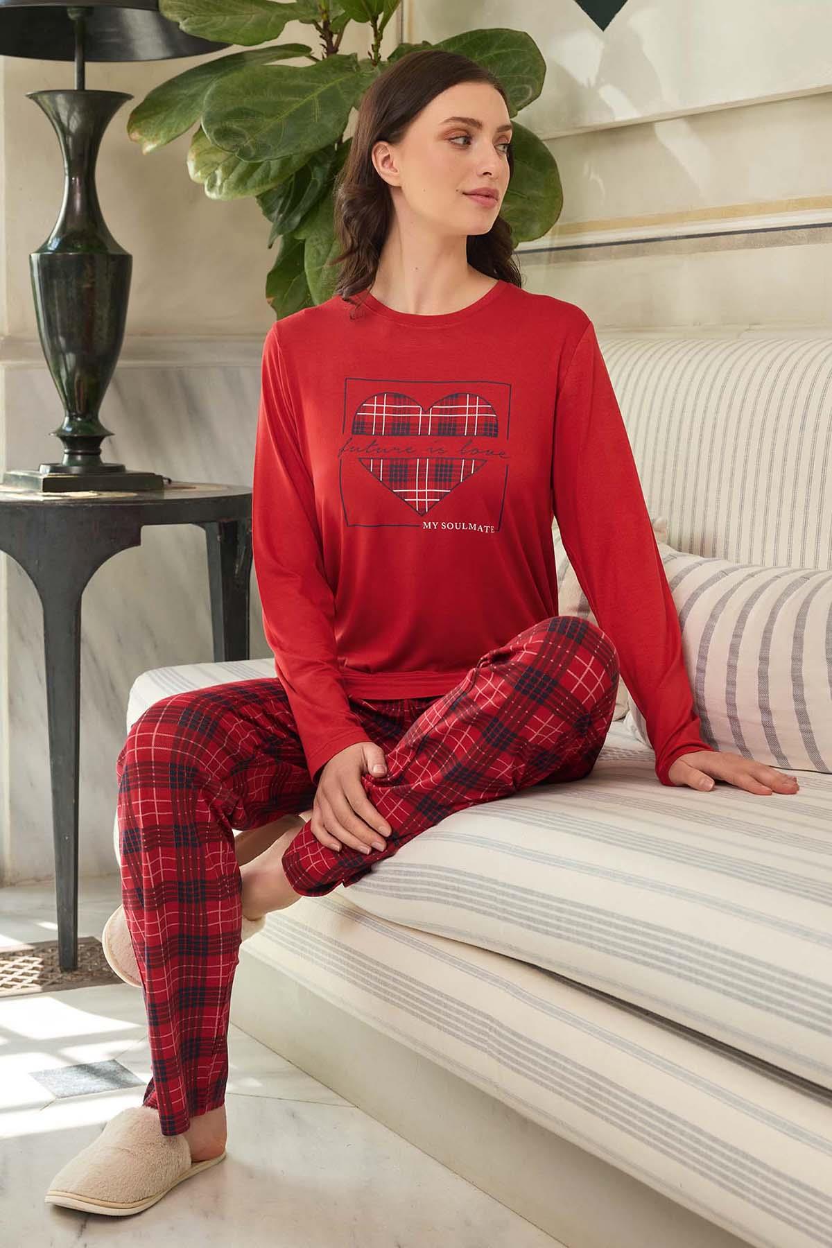 Kadın Aydoğan Viskon Pijama Takımı 240626 Kırmızı