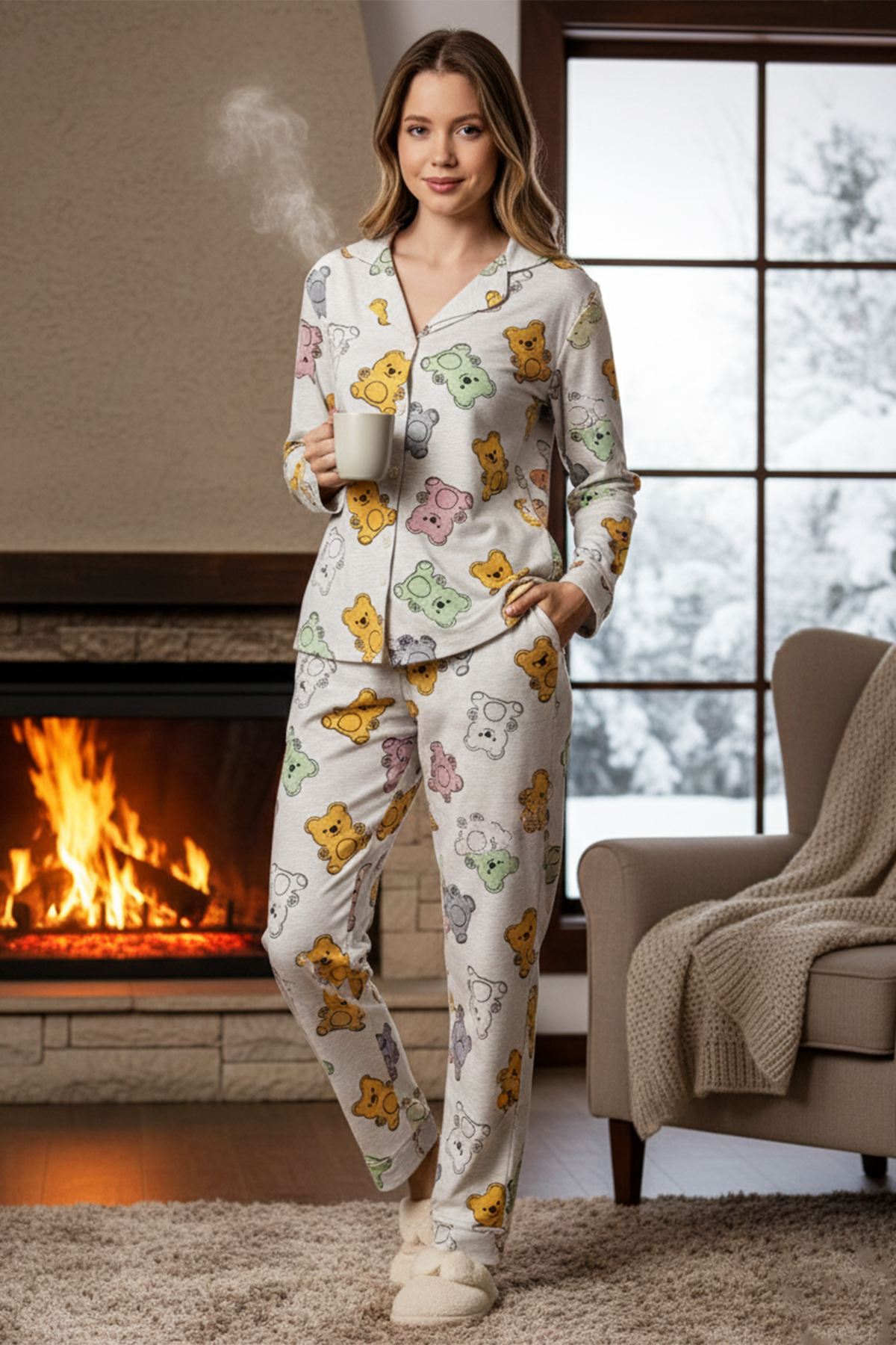 Kadın Ayıcık Desenli Suprem Pijama Takımı 0373 Bej01