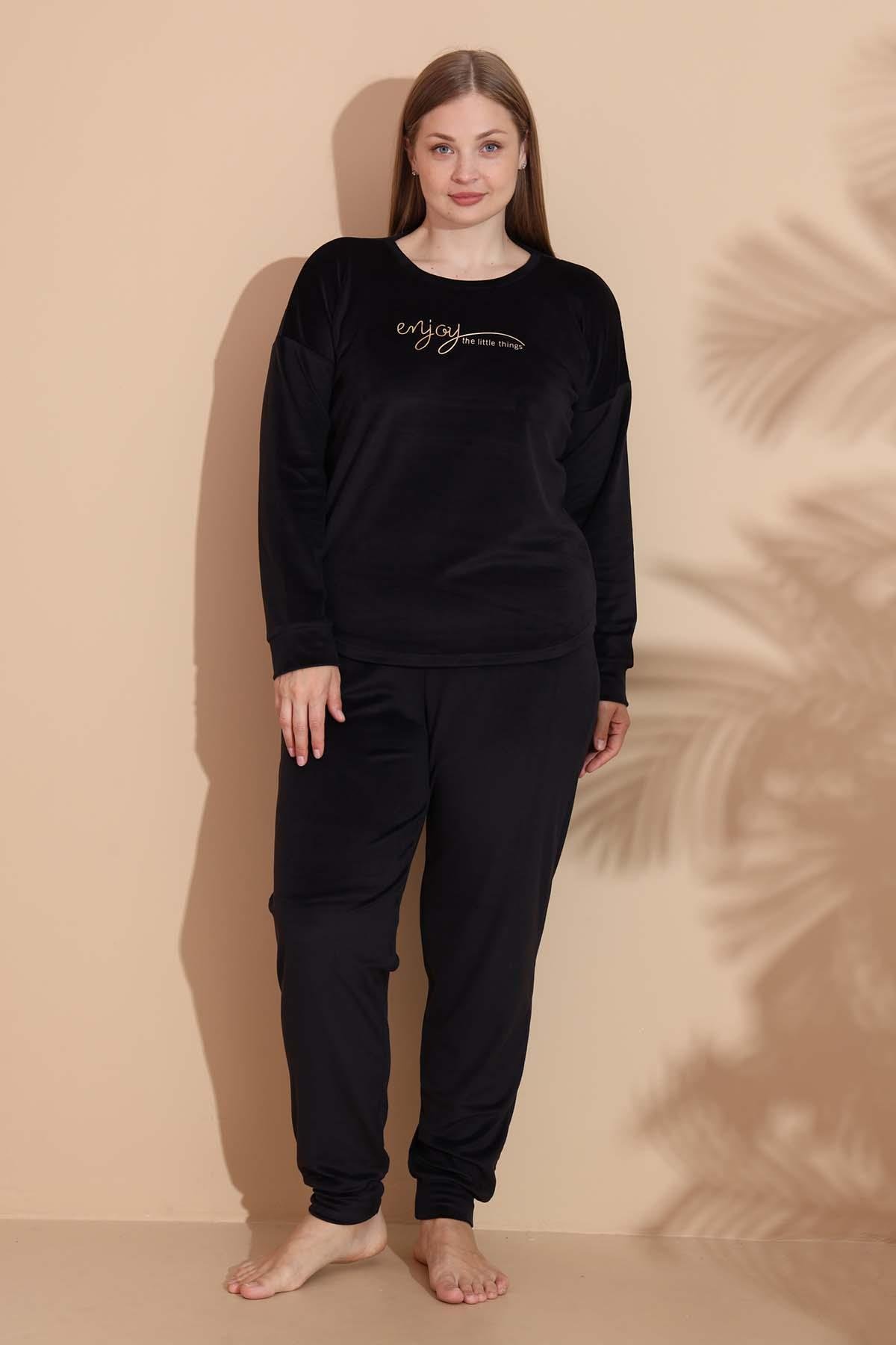 Kadın Battal Kadife Baskılı 2'li Takım 25390 Siyah