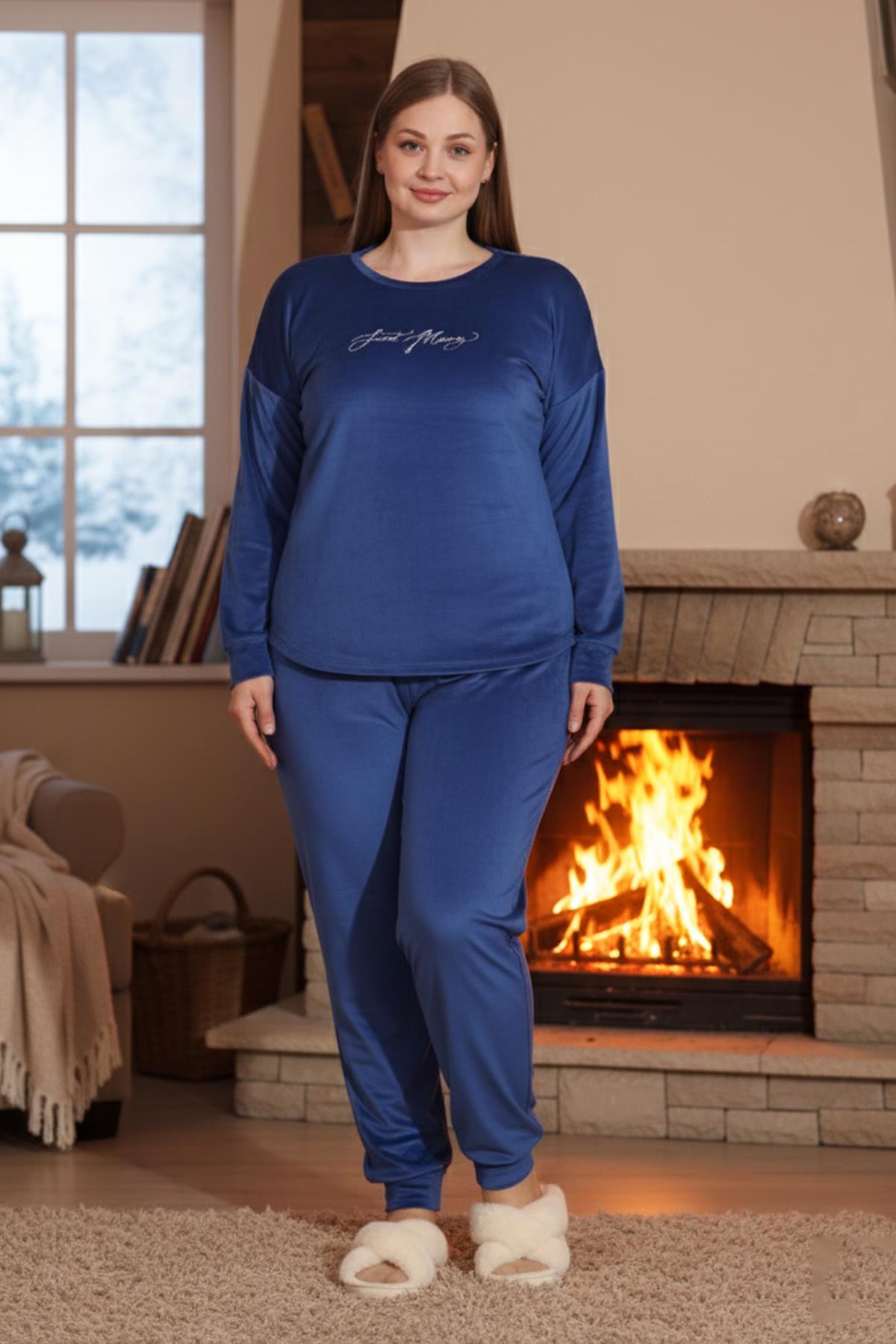 Kadın Battal Kadife Baskılı Pijama Takım 25394 İndigo