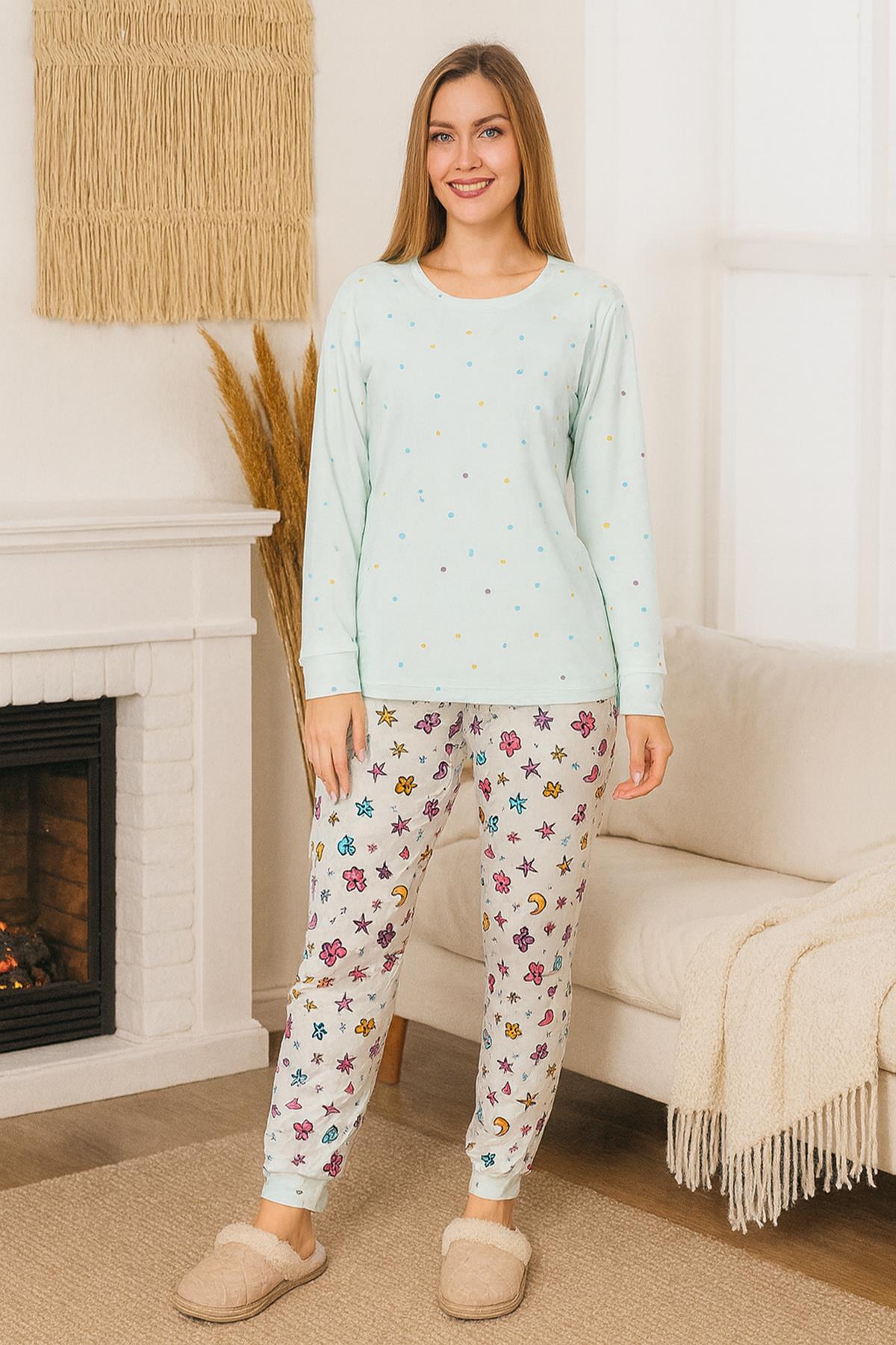 Kadın Benek Desen Comfort Pijama Takımı 0483 Mint01