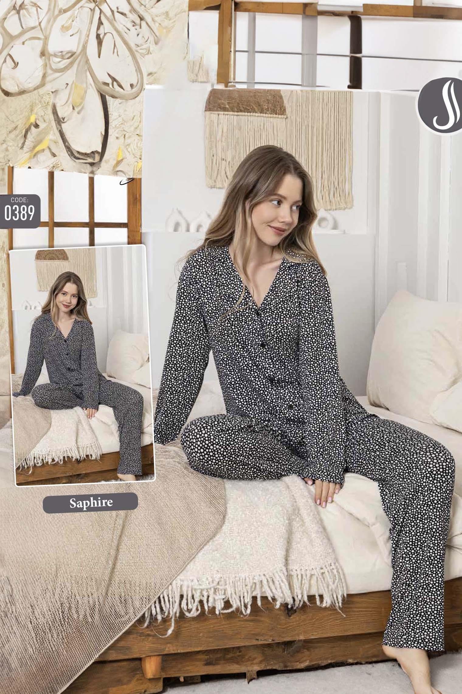 Kadın Benek Desen Düğmeli Saphire Pijama Takımı 0389 Siyah