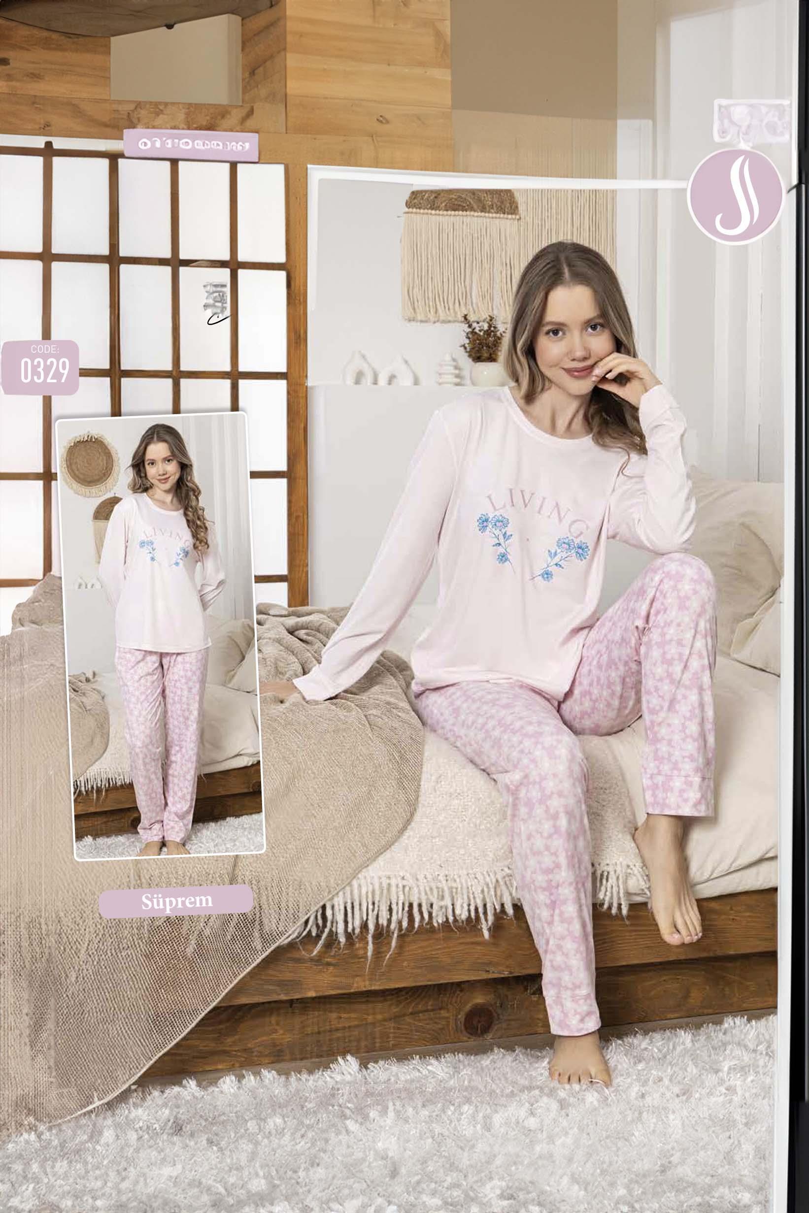 Kadın Çiçek Desen Süprem Pijama Takımı 0329 Pembe