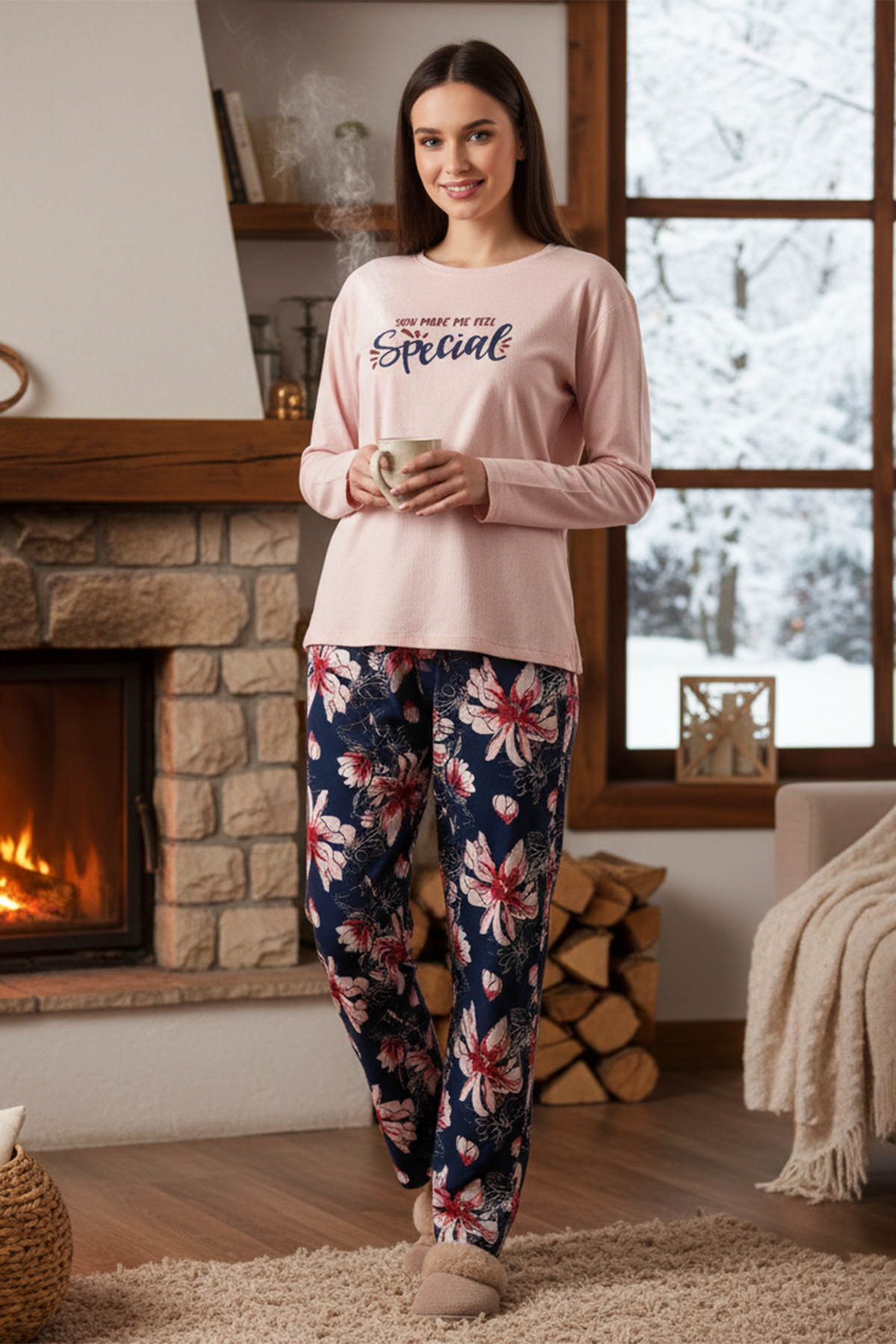 Kadın Çiçek Desen Suprem Pijama Takımı 0548 Pudra01