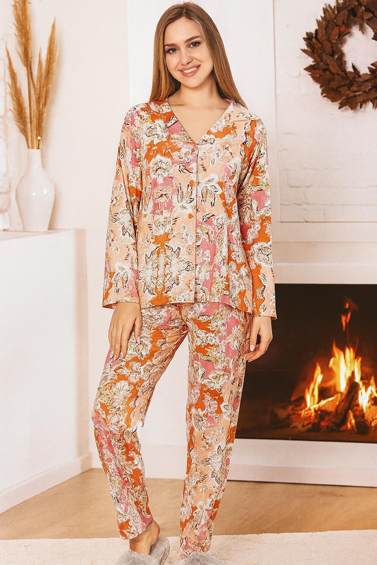 Kadın Çiçek Desen Yumuşak Doku Marla Pijama Takımı 0485 Pudra