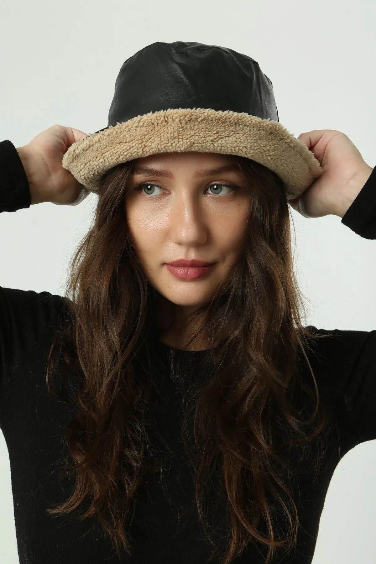 Kadın Çift Taraflı Deri Bucket Peluş Bucket Şapka Siyah Koyu Bej