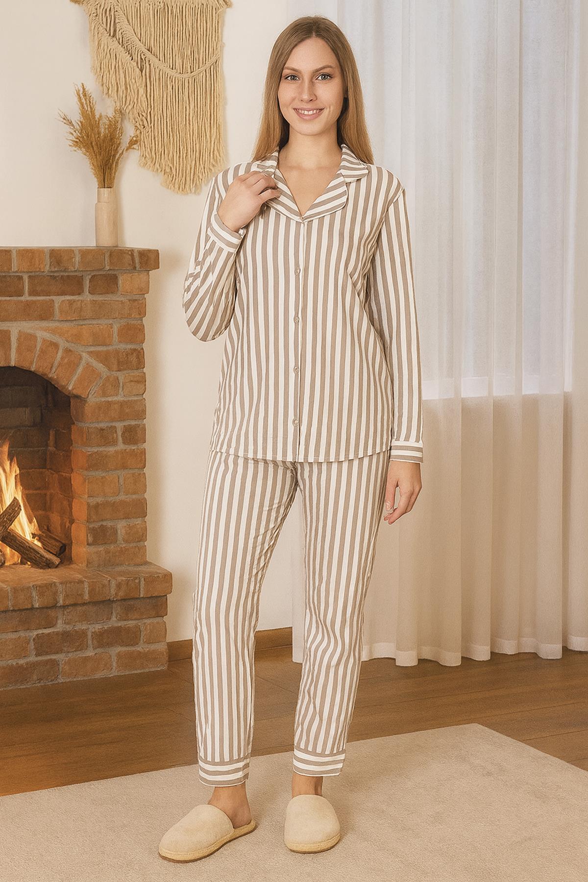 Kadın Çizgili Desen Suprem Düğmeli Pijama Takımı 0496 Vizon01
