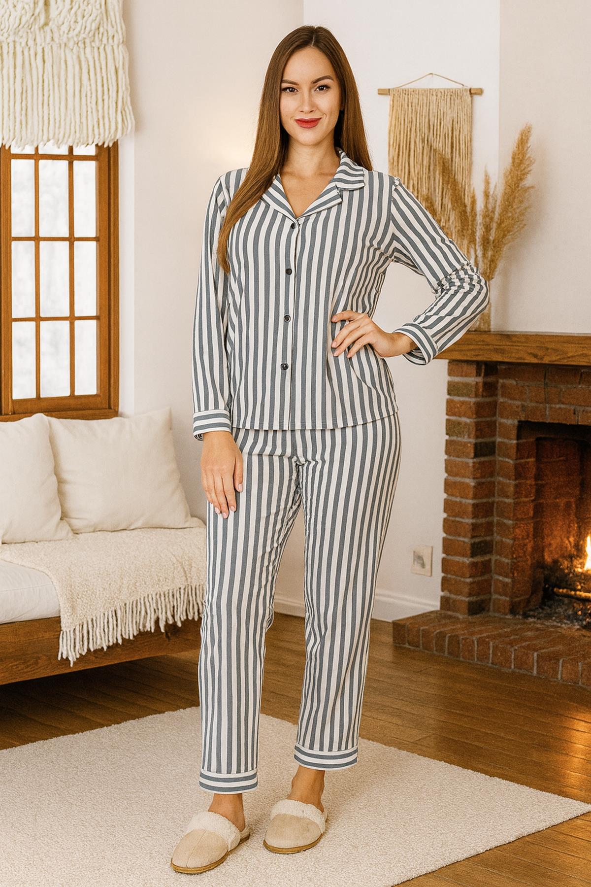 Kadın Çizgili Desen Suprem Önü Düğmeli Pijama Takımı 0495 Antrasit