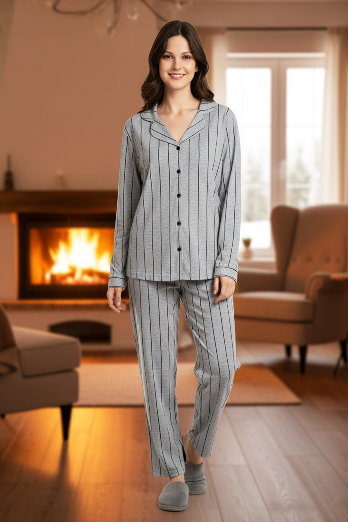 Kadın Çizgili Önü Düğmeli Suprem Pijama Takımı 0542 Füme01