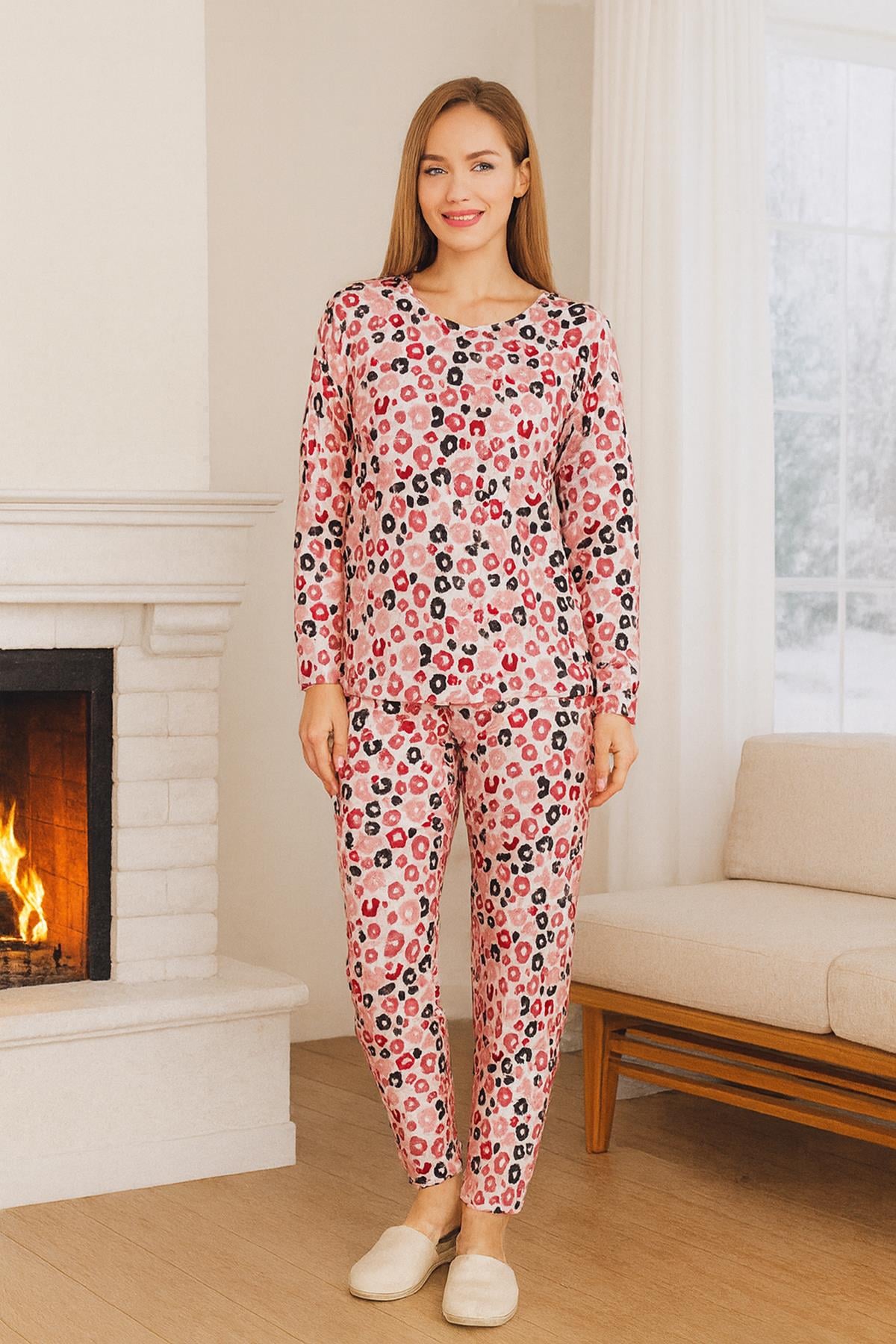 Kadın Desenli Comfort Pijama Takımı 0498 Nar Çiçeği