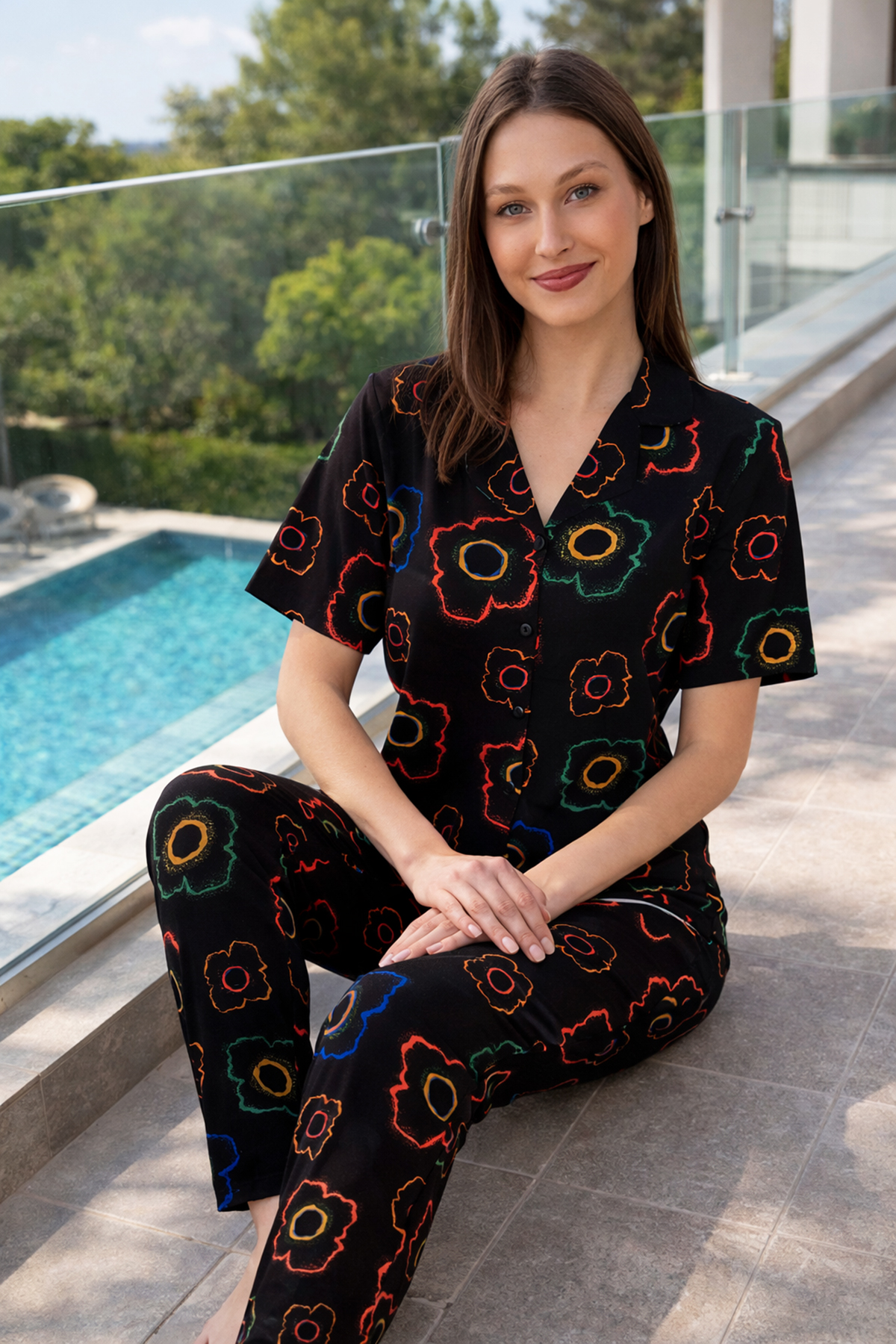 Kadın Desenli Kısa Kol Likralı Viskon Pijama Takımı 0134 Siyah02