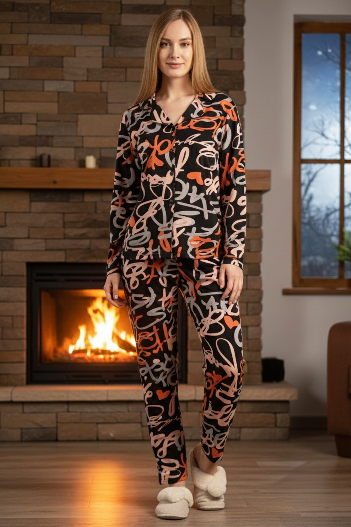 Kadın Desenli Önü Düğmeli Saphire Pijama Takımı 0543 Siyah11