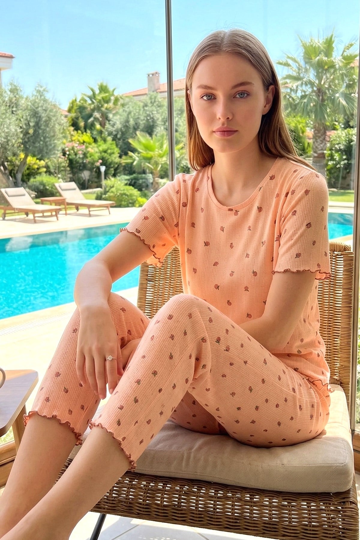 Kadın Desenli Pamuklu Kısa Kol Pointelle Kumaş Pijama Takımı 70753-3151 Somon