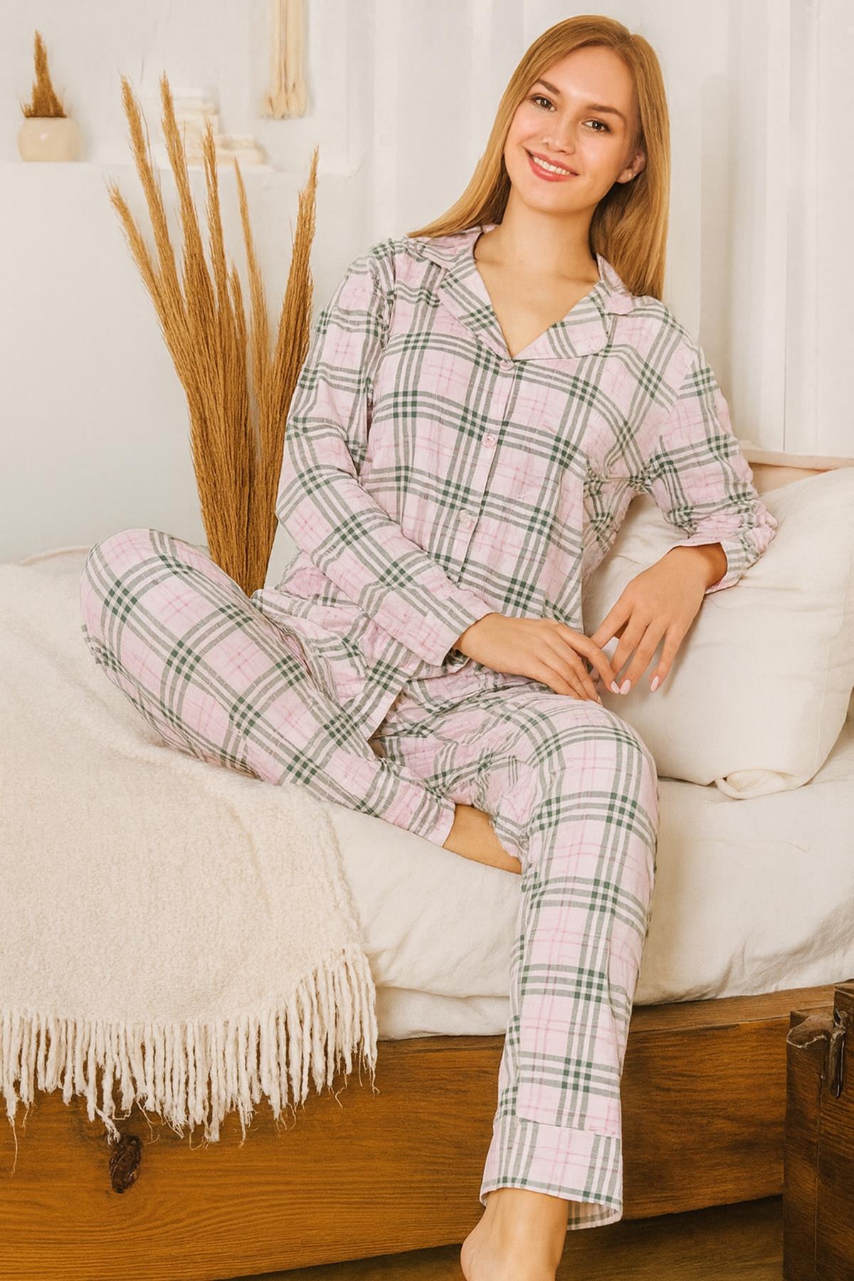 Kadın Ekose Desen Suprem Pijama Takımı 0505 Pembe05
