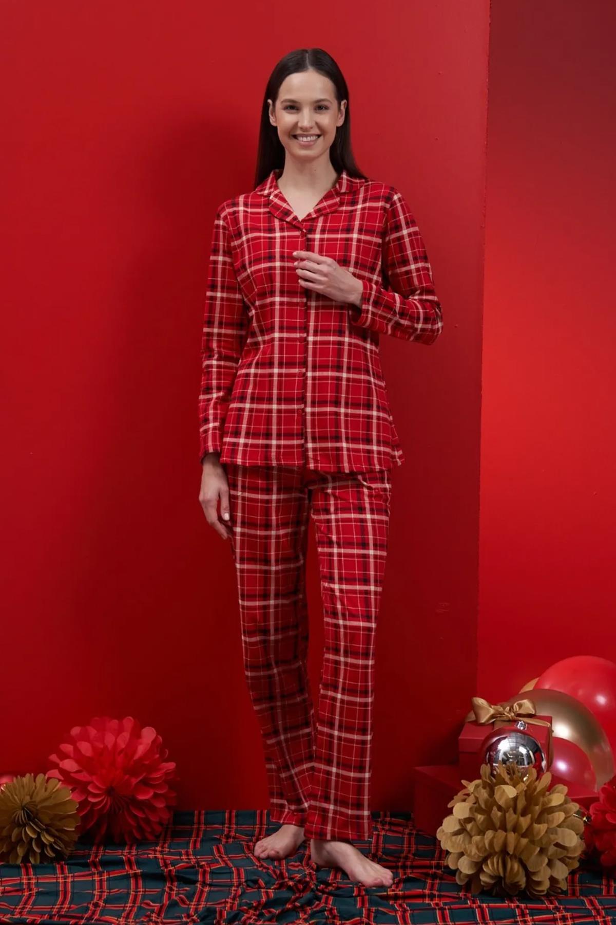 Kadın Ekose Desenli Penye Pijama Takımı 1622 Kırmızı