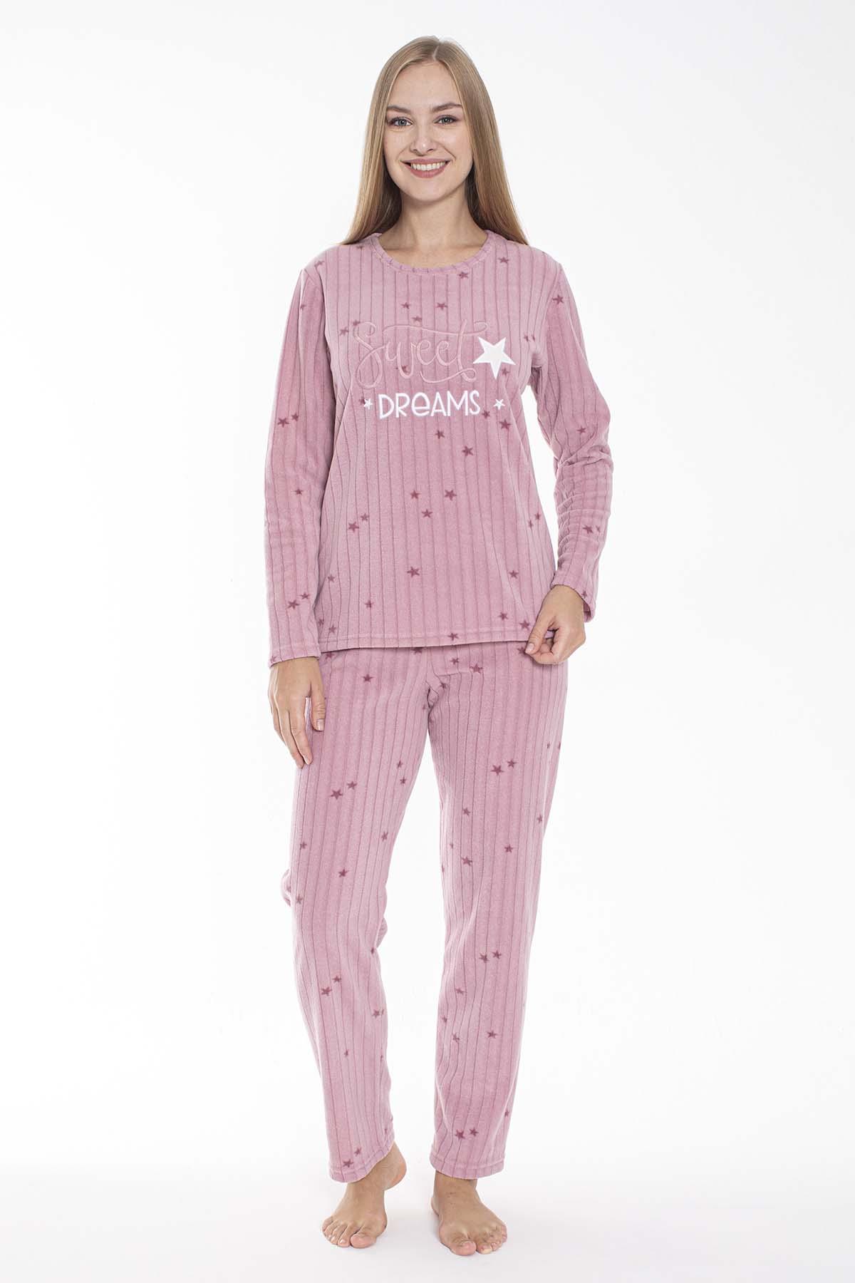 Kadın Fitilli Kadife Pijama Takımı 24314 Pudra