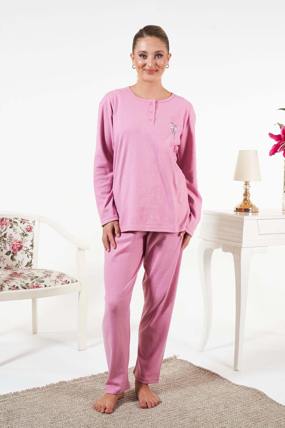 Kadın İnterlok Şardonlu Fitilli Pijama Takımı 25330 Pembe