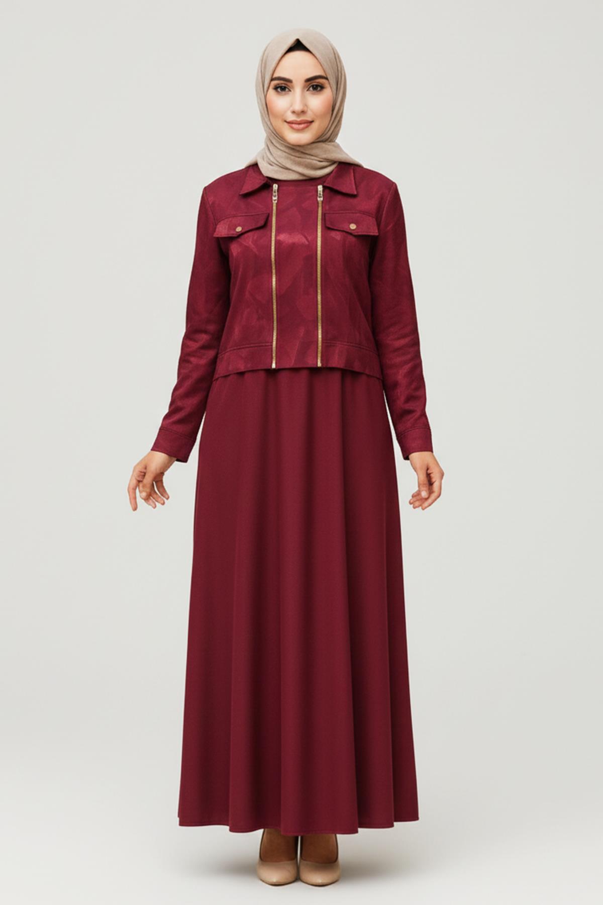 Kadın Jakar Kumaş Elbise 5305 Bordo