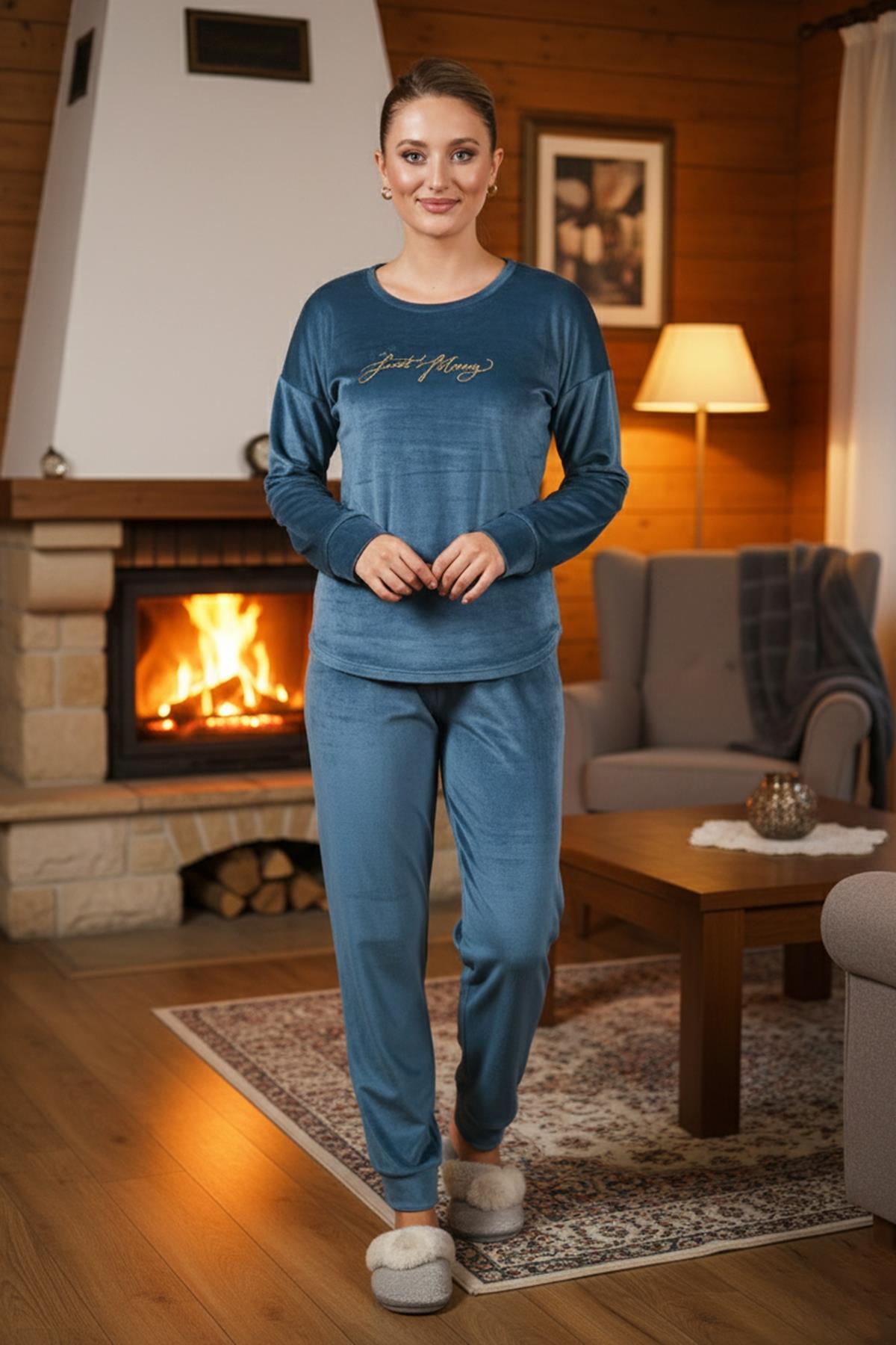 Kadın Kadife Baskılı Pijama Takımı 25383 Petrol