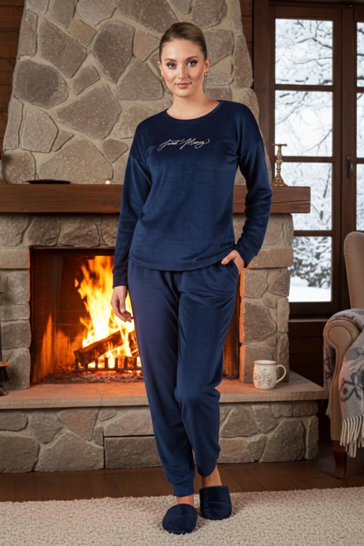 Kadın Kadife Baskılı Pijama Takımı 25381 Lacivert