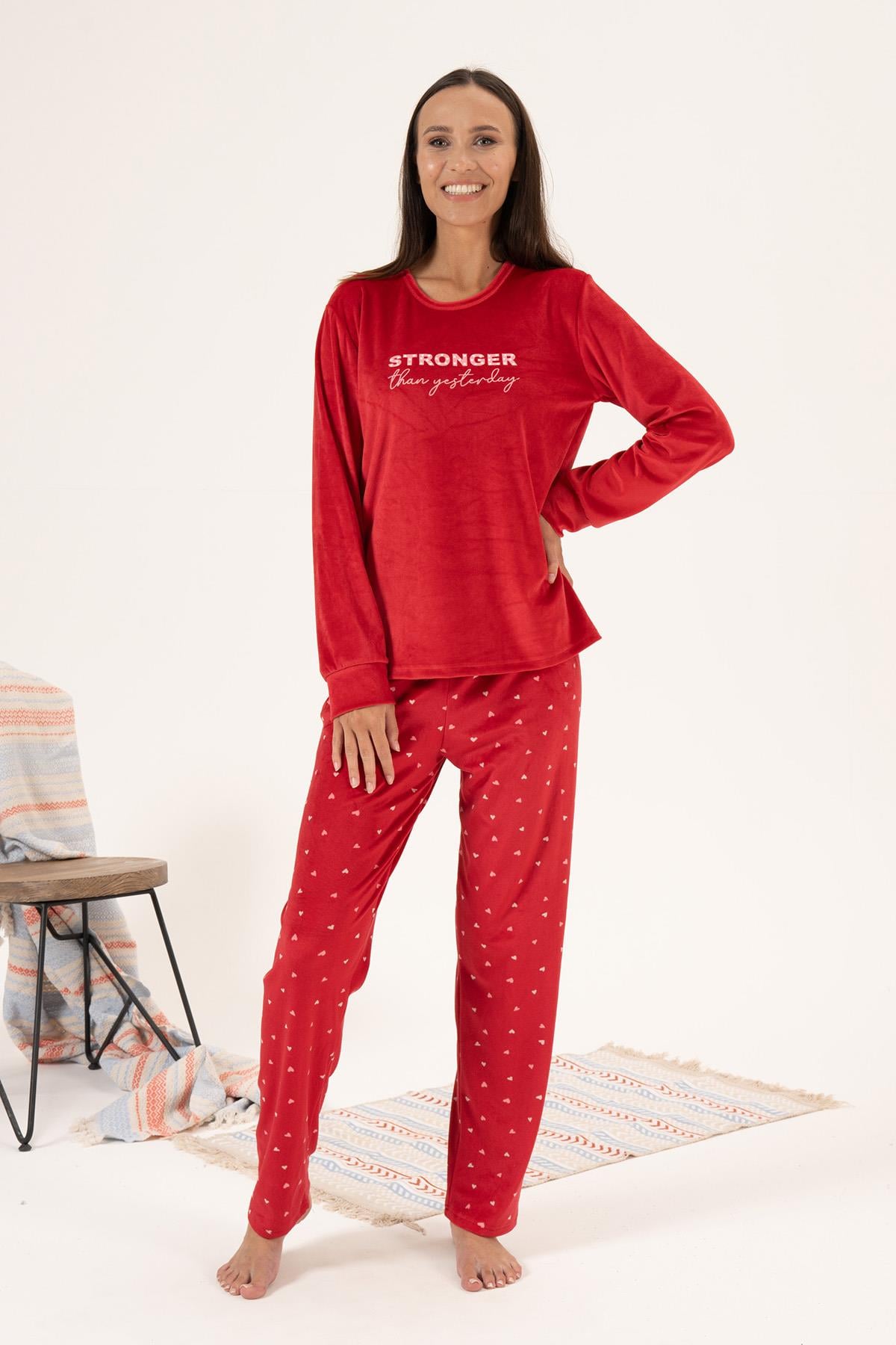 Kadın Kadife Kalpli Pijama Takımı 24352 Kırmızı