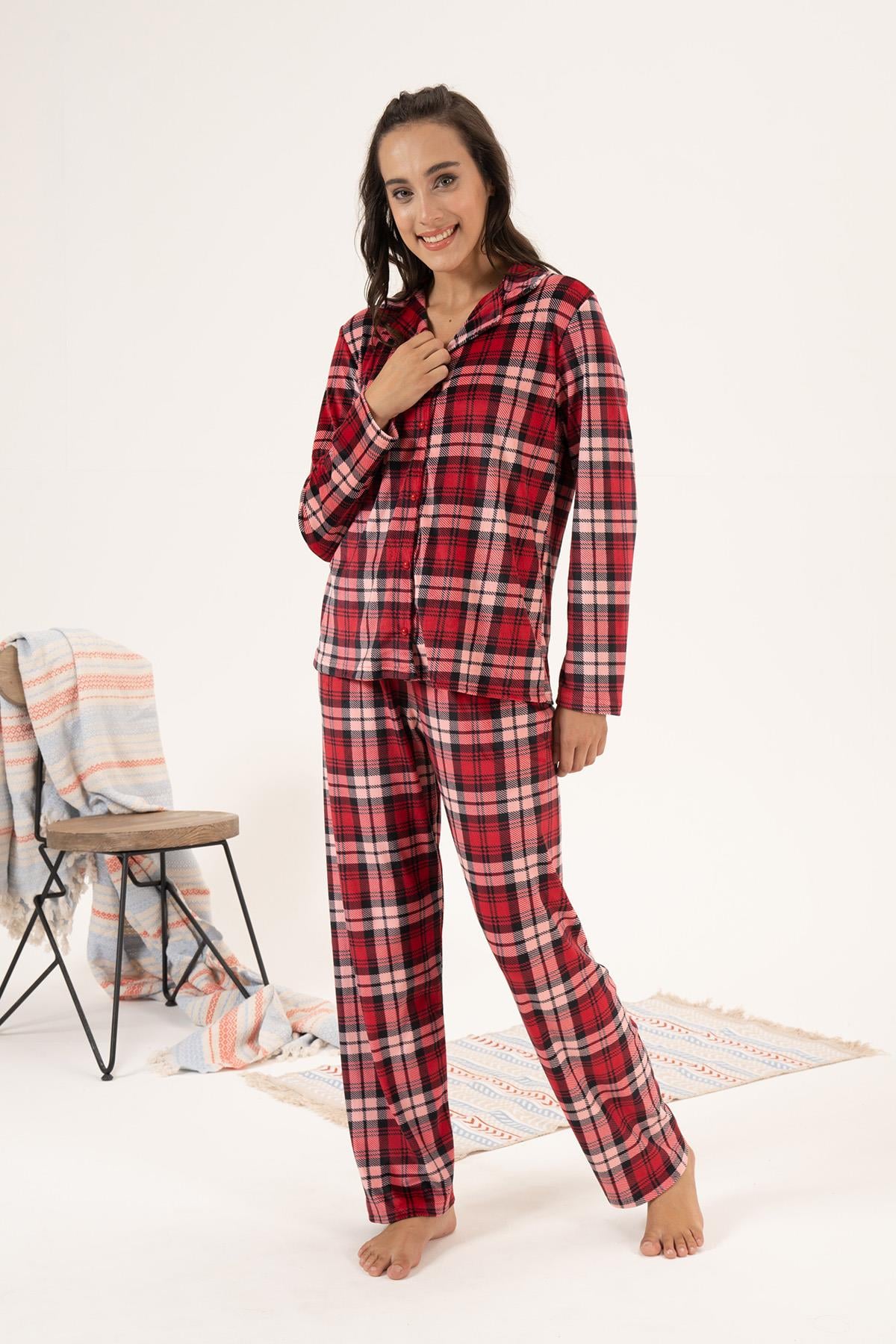 Kadın Kadife Önü Düğmeli Pijama Takımı 24365 Bordo
