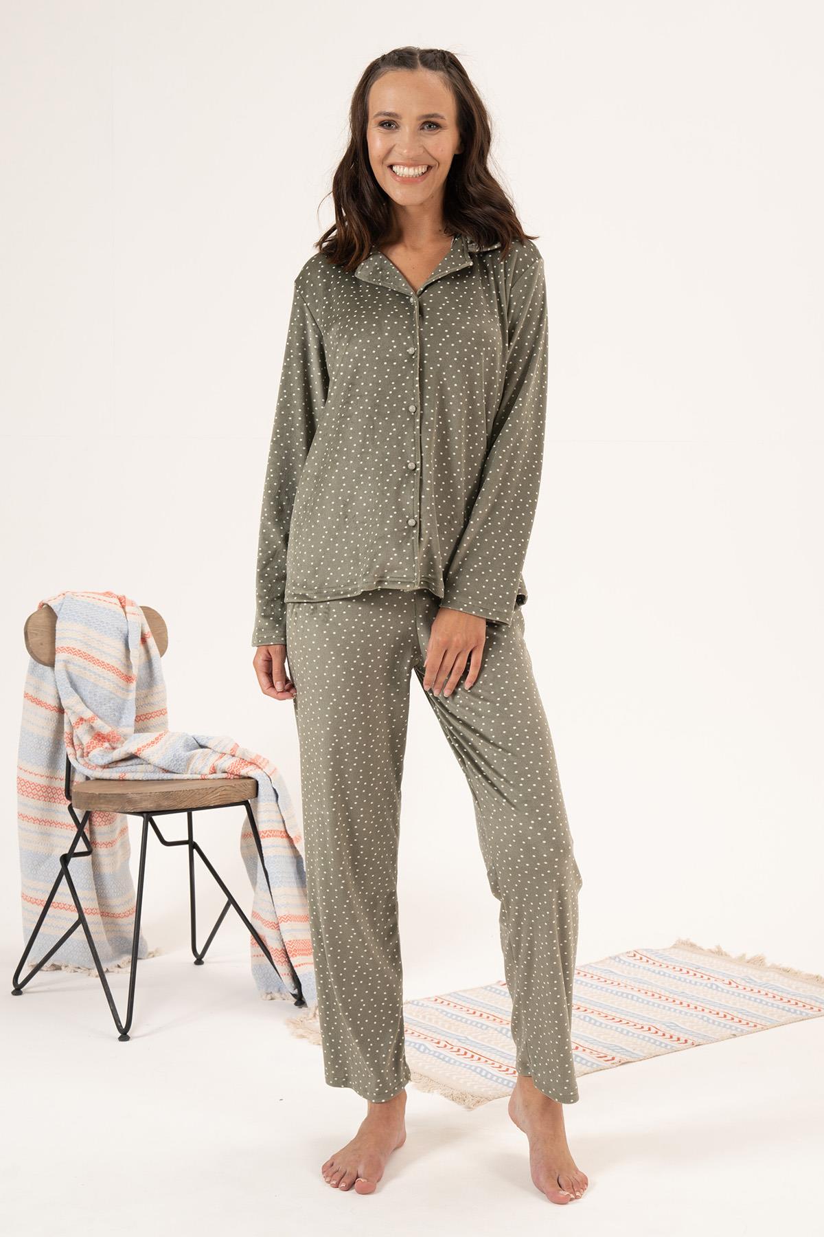 Kadın Kadife Önü Düğmeli Pijama Takımı 24367 Haki