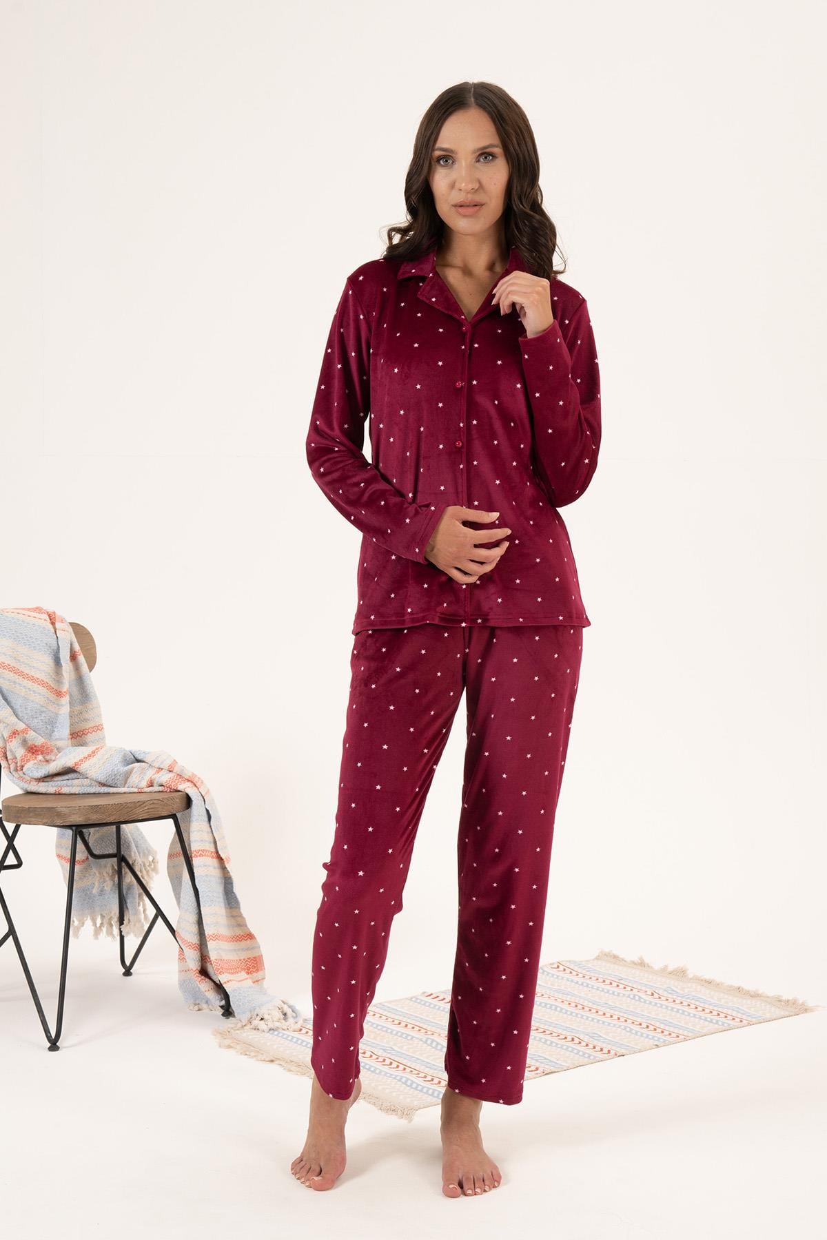 Kadın Kadife Önü Düğmeli Pijama Takımı 24366 Bordo