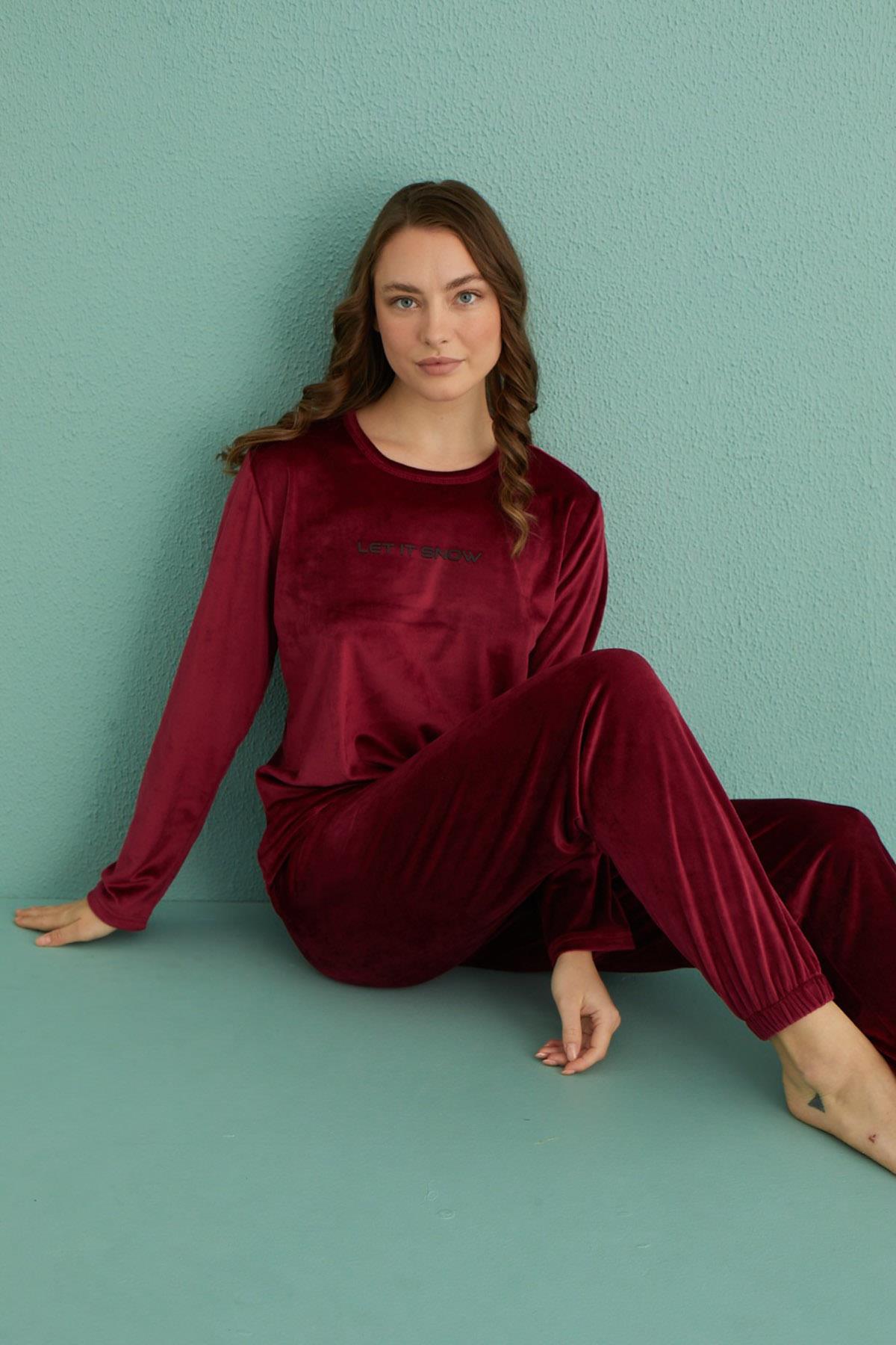 Kadın Kadife Pijama Takımı 13164-14 Bordo