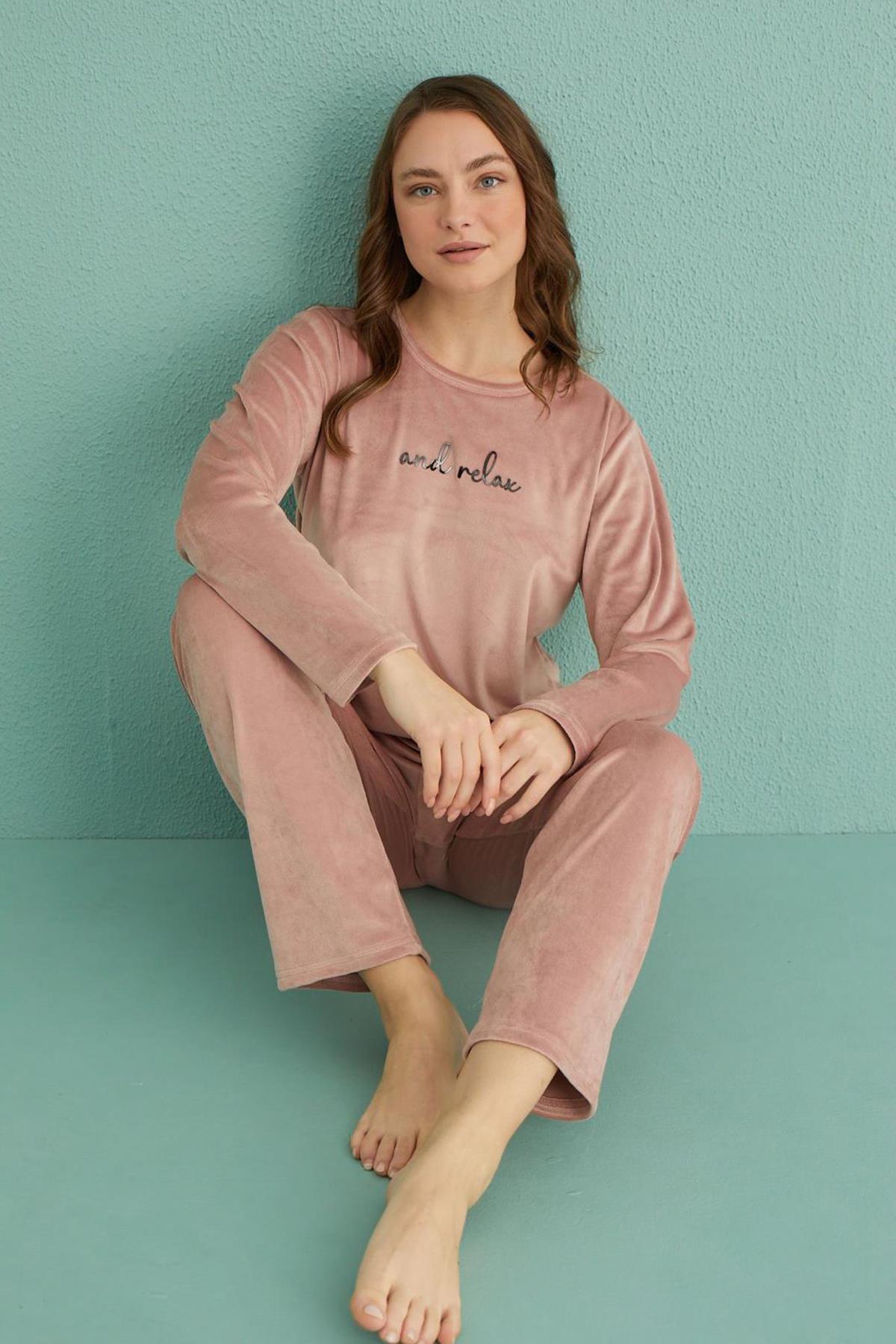 Kadın Kadife Pijama Takımı 13166-6 Pudra
