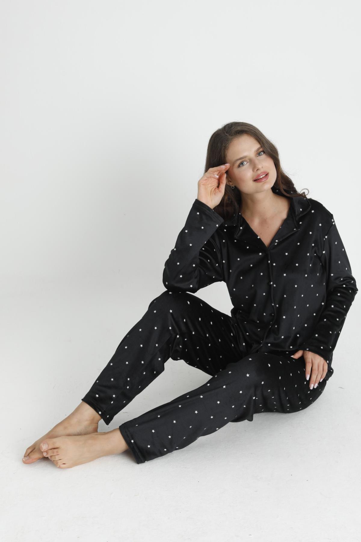 Kadın Kadife Pijama Takımı 13311-3 Siyah