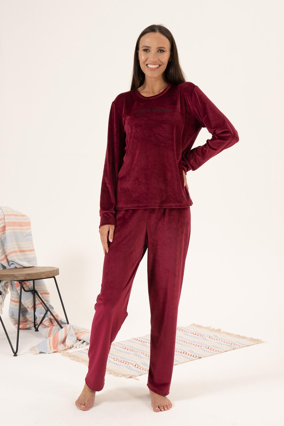 Kadın Kadife Pijama Takımı 24381 Bordo