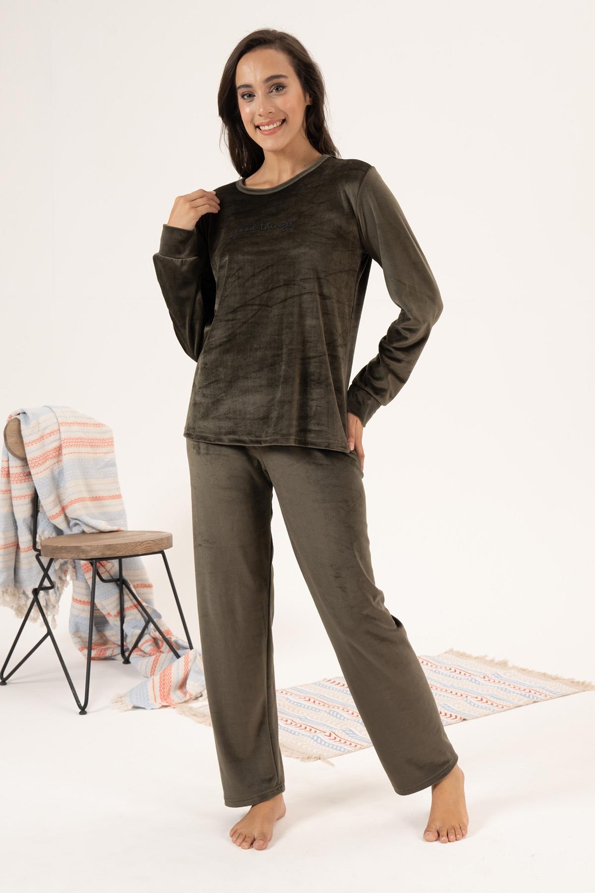 Kadın Kadife Pijama Takımı 24381 Haki