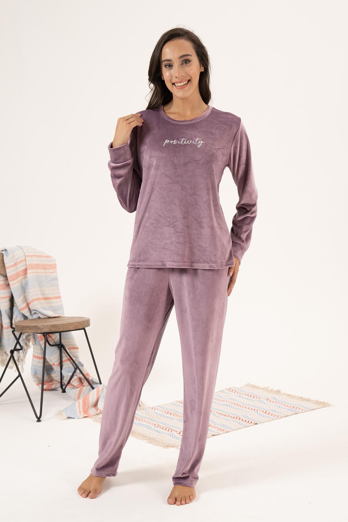 Kadın Kadife Pijama Takımı 24383 Lila