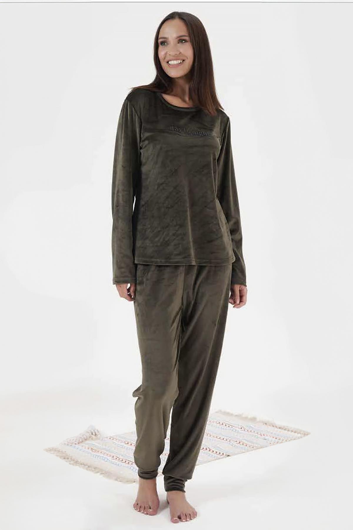 Kadın Kadife Pijama Takımı 24388 Haki