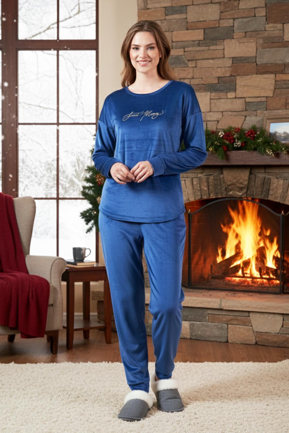 Kadın Kadife Pijama Takımı 25384 Açık Lacivert