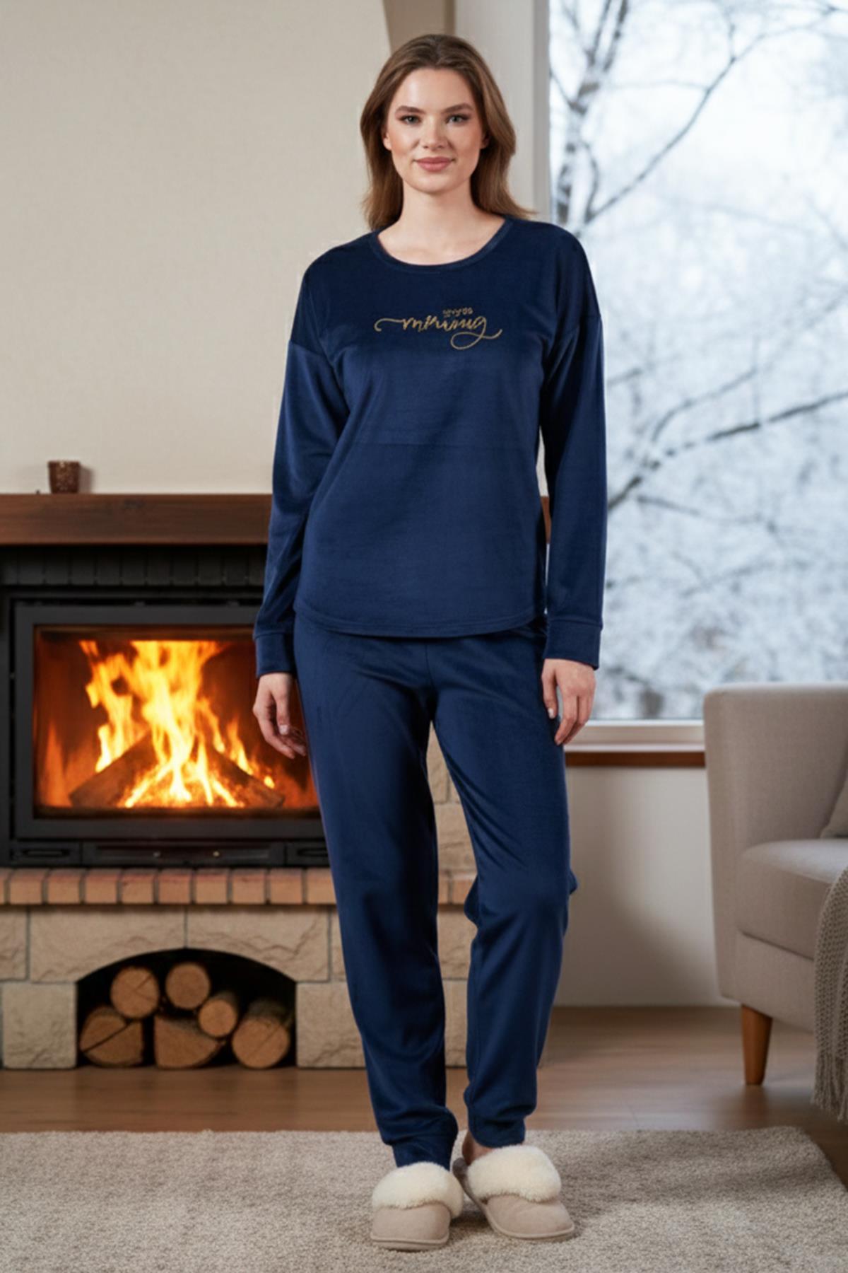 Kadın Kadife Pijama Takımı 25386 Lacivert