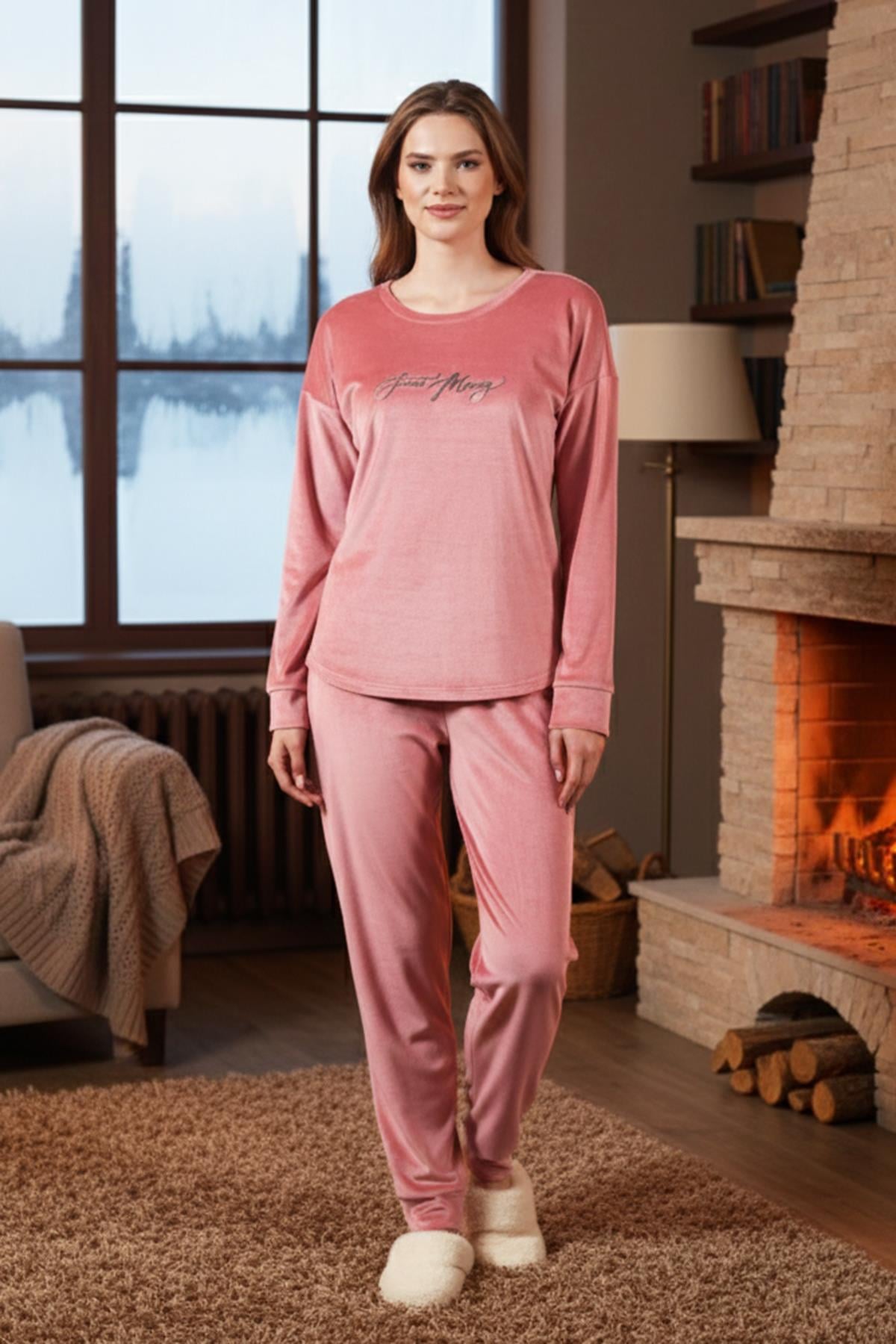 Kadın Kadife Pijama Takımı 25386 Pudra