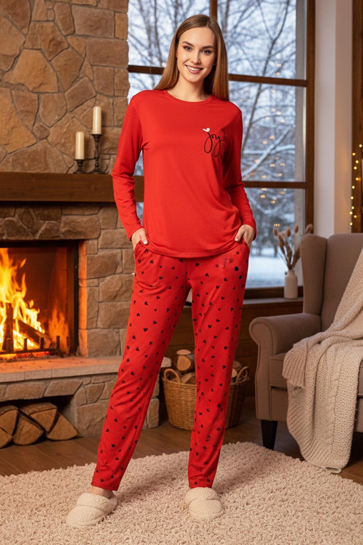 Kadın Kalp Desen Saphire Pijama Takımı 0534 Kırmızı
