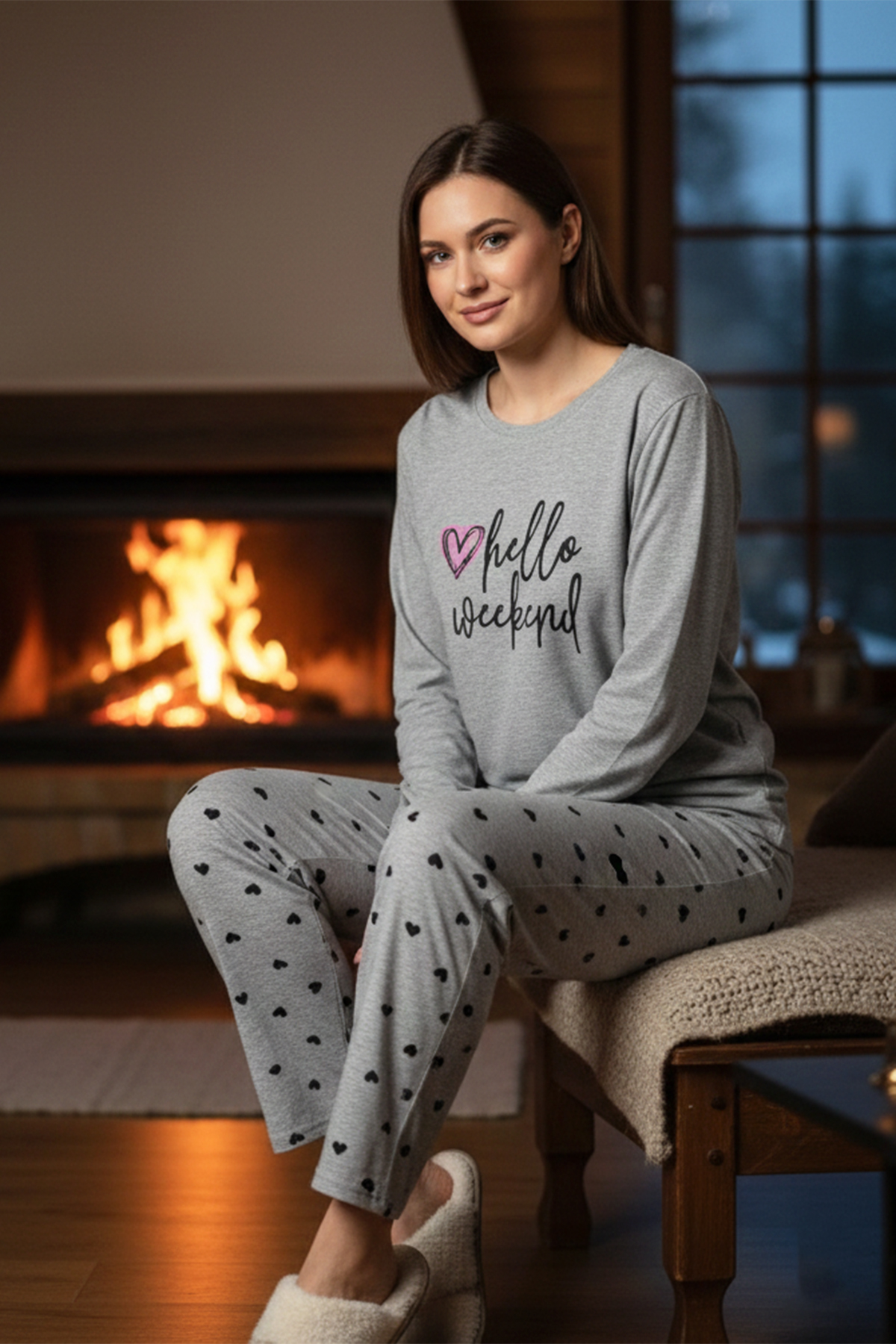 Kadın Kalp Desen Suprem Pijama Takımı 0552 Gri10