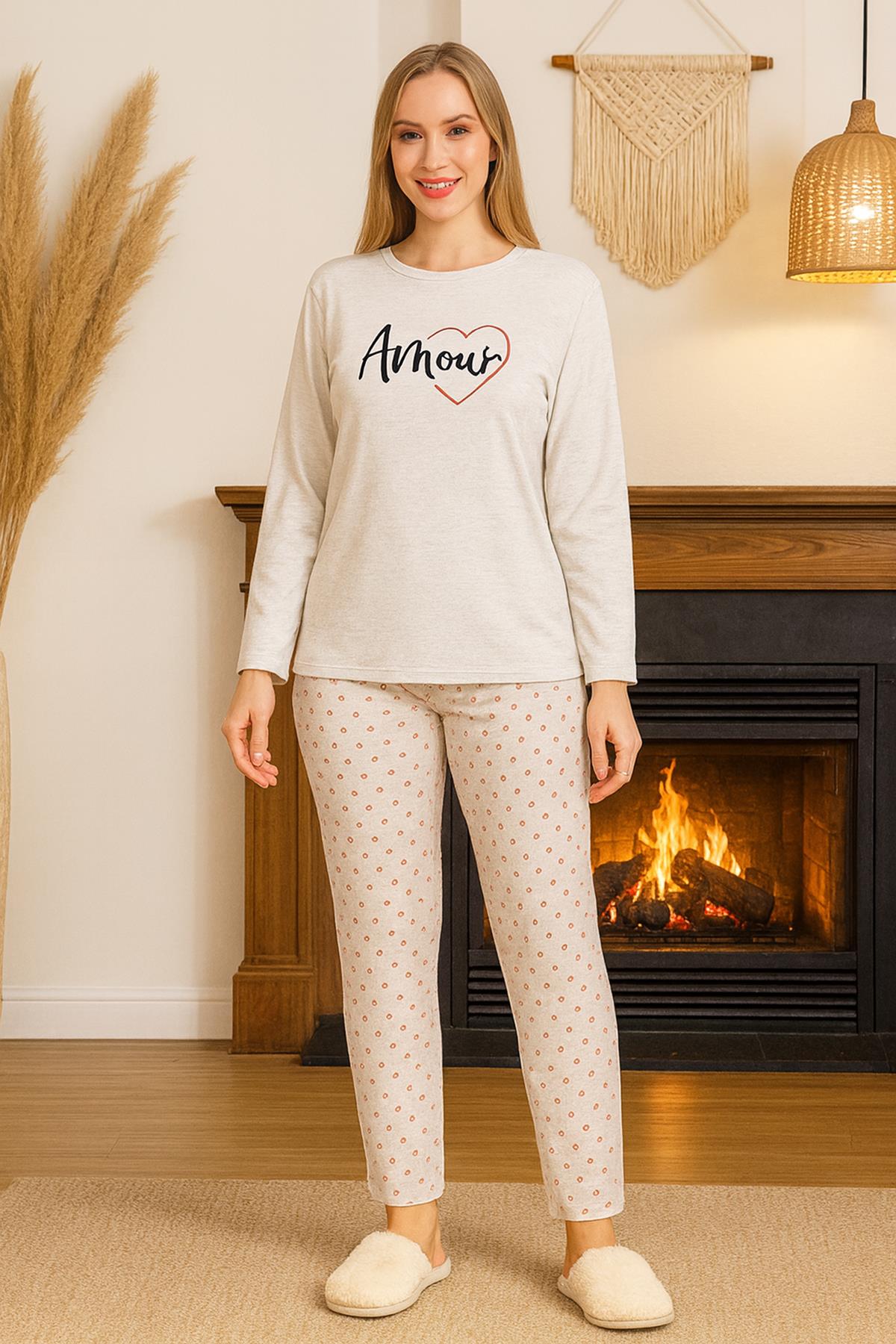 Kadın Kalp Desen Suprem Pijama Takımı 0472 Vizon04
