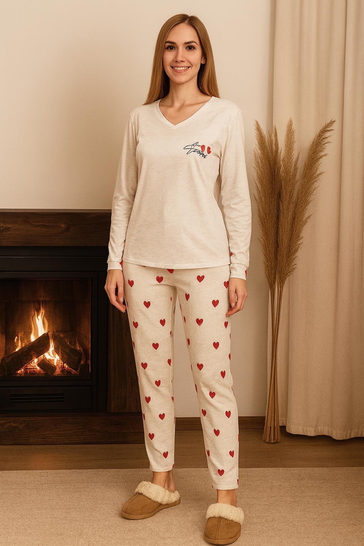 Kadın Kalp Desen V Yaka Suprem Pijama Takımı 0464 Gri06