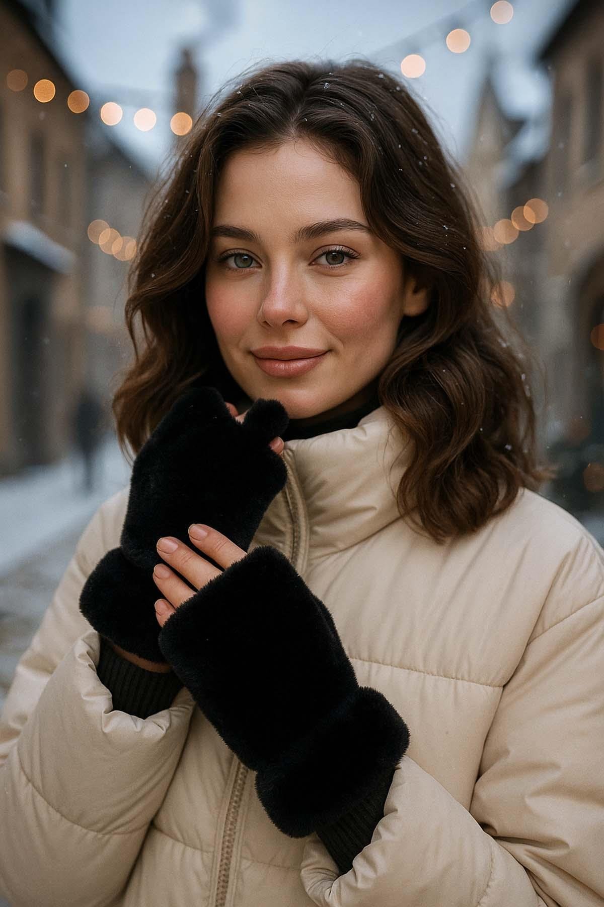 Kadın Kesik Peluş Eldiven ELD-33 Siyah