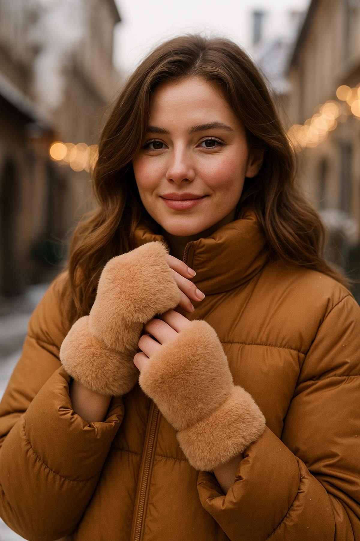 Kadın Kesik Peluş Eldiven ELD-33 Vizon