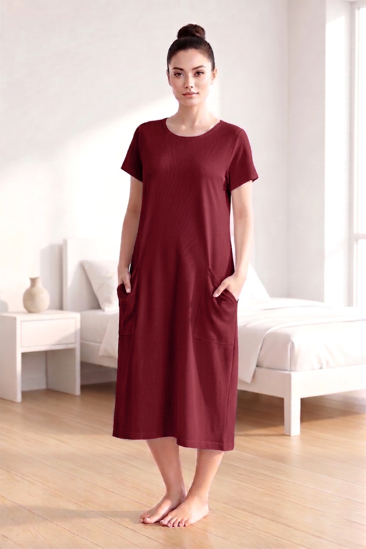 Kadın Kısa Kol Cep Detay Viskon Elbise Pijama 25234-1 Mürdüm