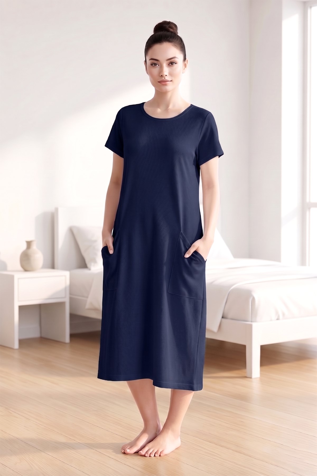Kadın Kısa Kol Cep Detay Viskon Elbise Pijama 25234-4 Lacivert