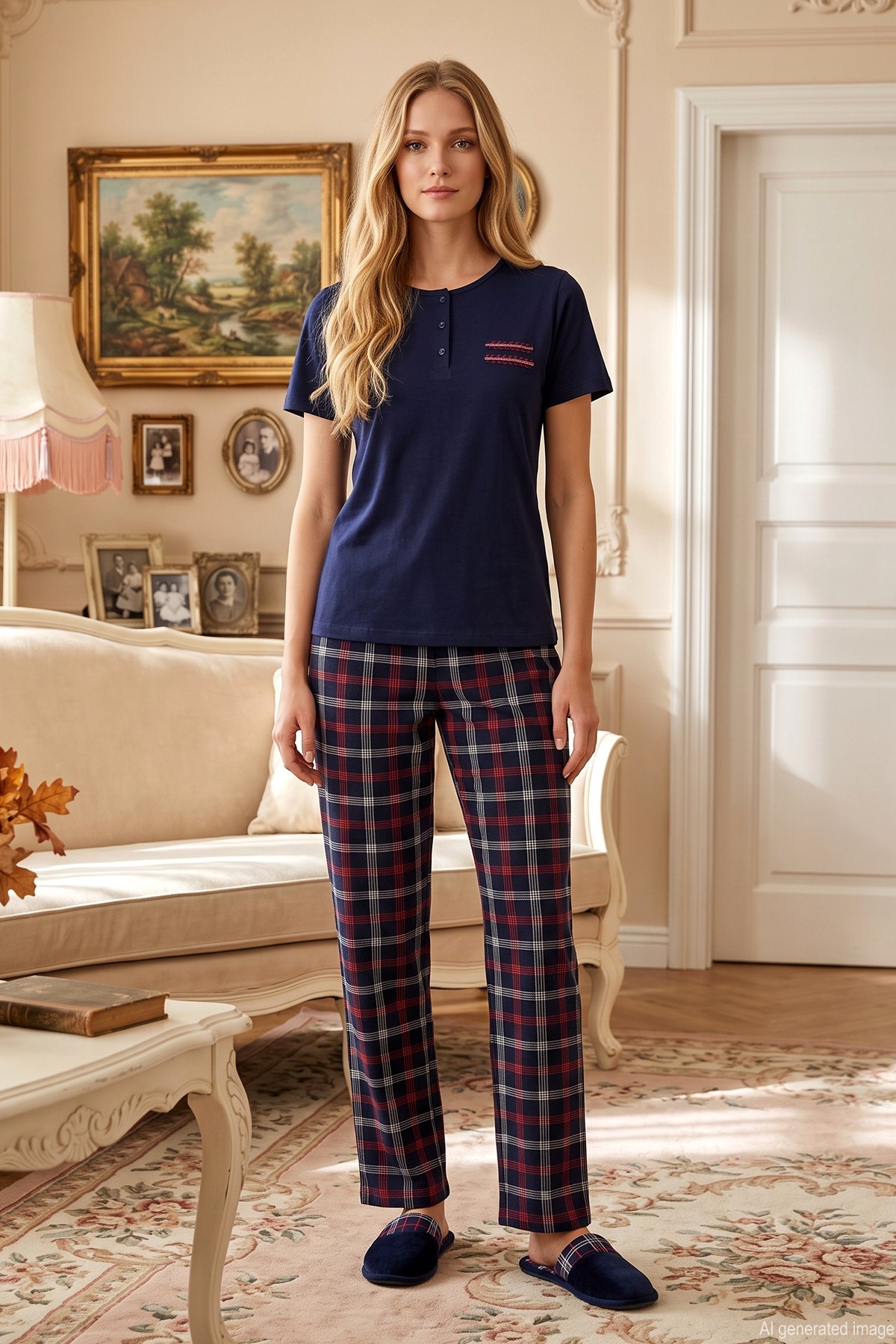Kadın Kısa Kol Ekose Desen Penye Pijama Takımı 3399 Lacivert01