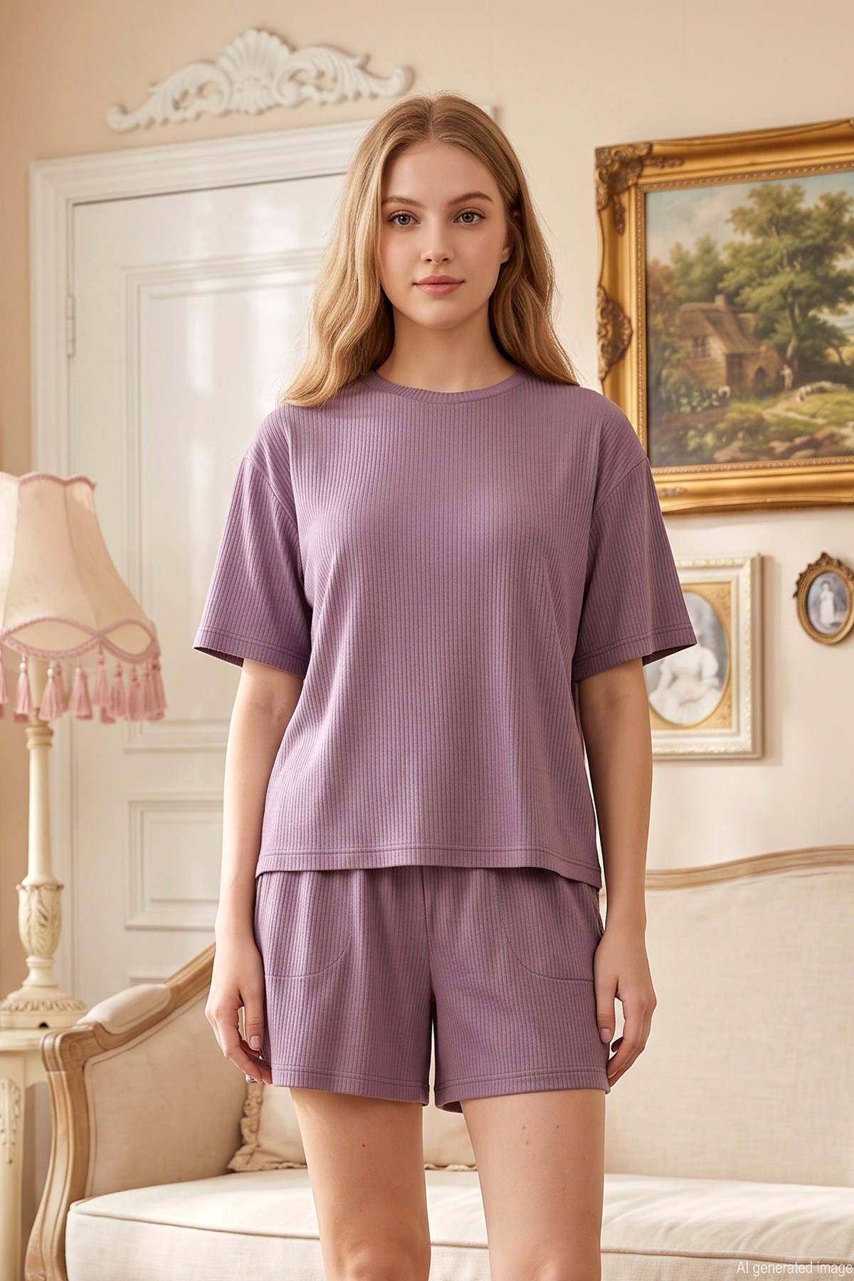 Kadın Kısa Kol Şortlu Ribana Dokulu Lyocell Kumaş Pijama Takımı 250084 Koyu Mor